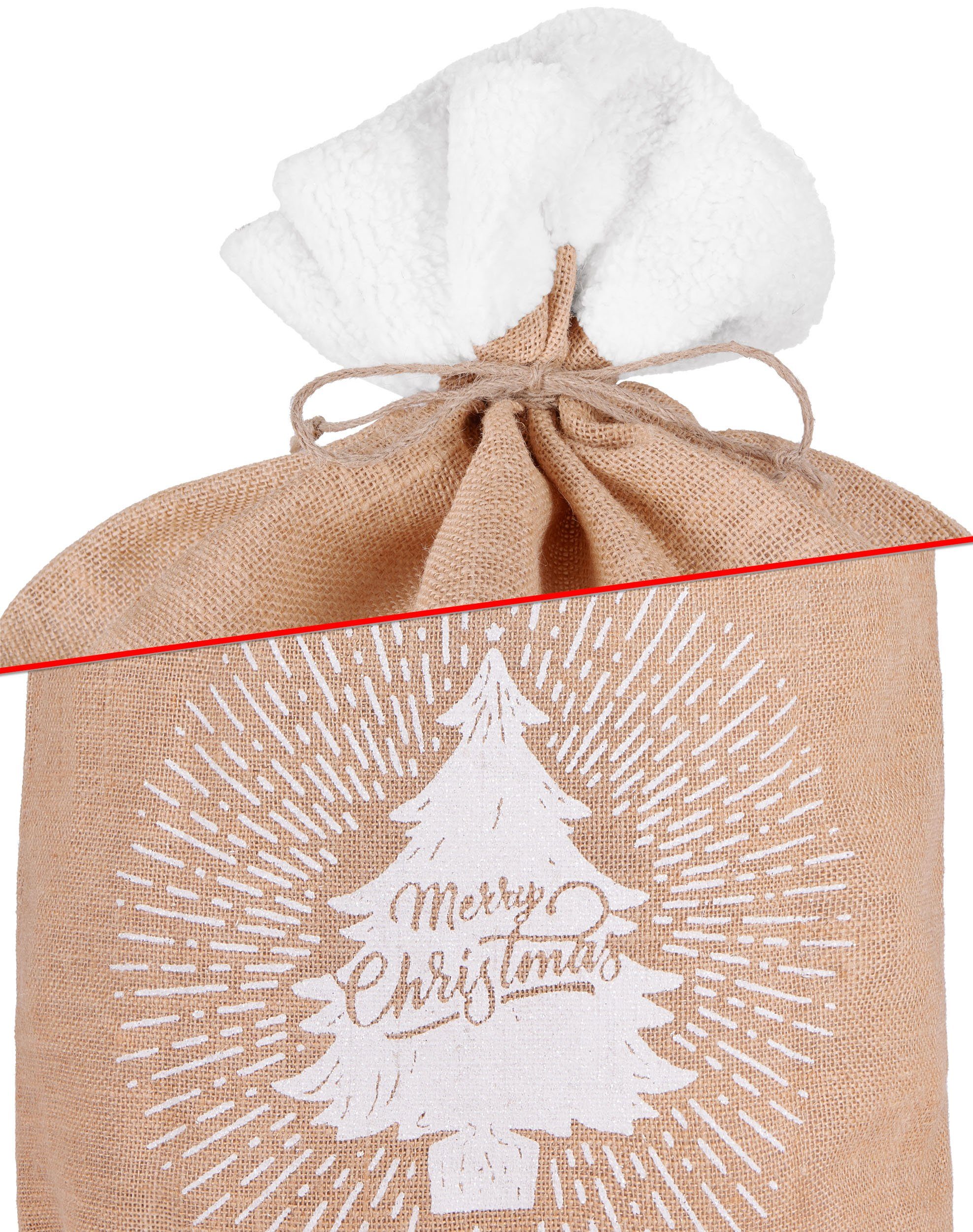 BRUBAKER Aufbewahrungstasche Weihnachtssack Tannenbaum Merry Christmas - 80 cm Geschenksack (1-tlg., Jutesack Weihnachtsbaum Braun Weiß), Nikolaussack Jutebeutel Sack mit Kordel zum Verpacken von Geschenken