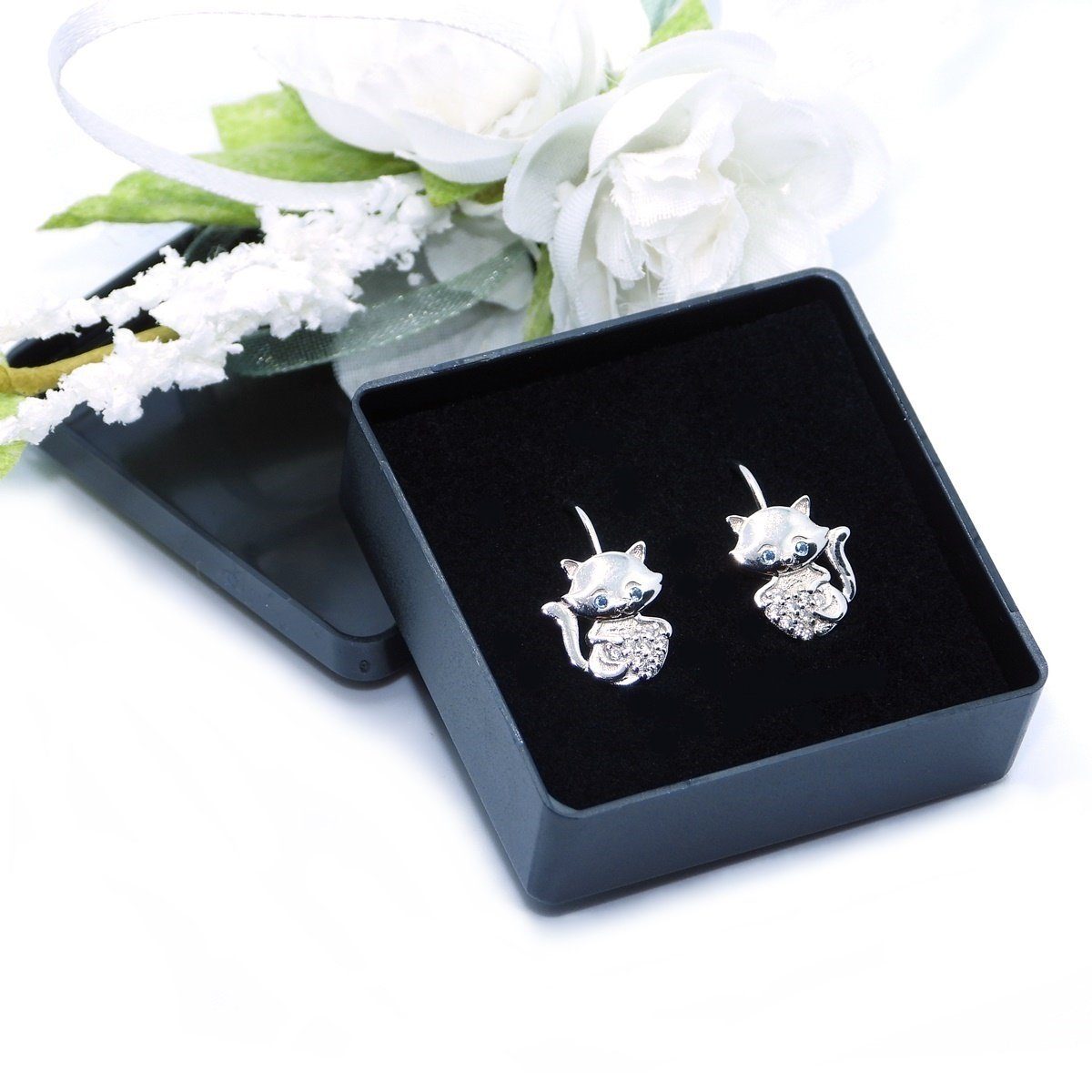 Goldene Hufeisen Paar Ohrhänger Mädchen Damen Katze Brisuren Ohrringe aus 925 Sterling Silber (1 Paar, inkl. Etui), mit Zirkonia blauen Augen, und Herz