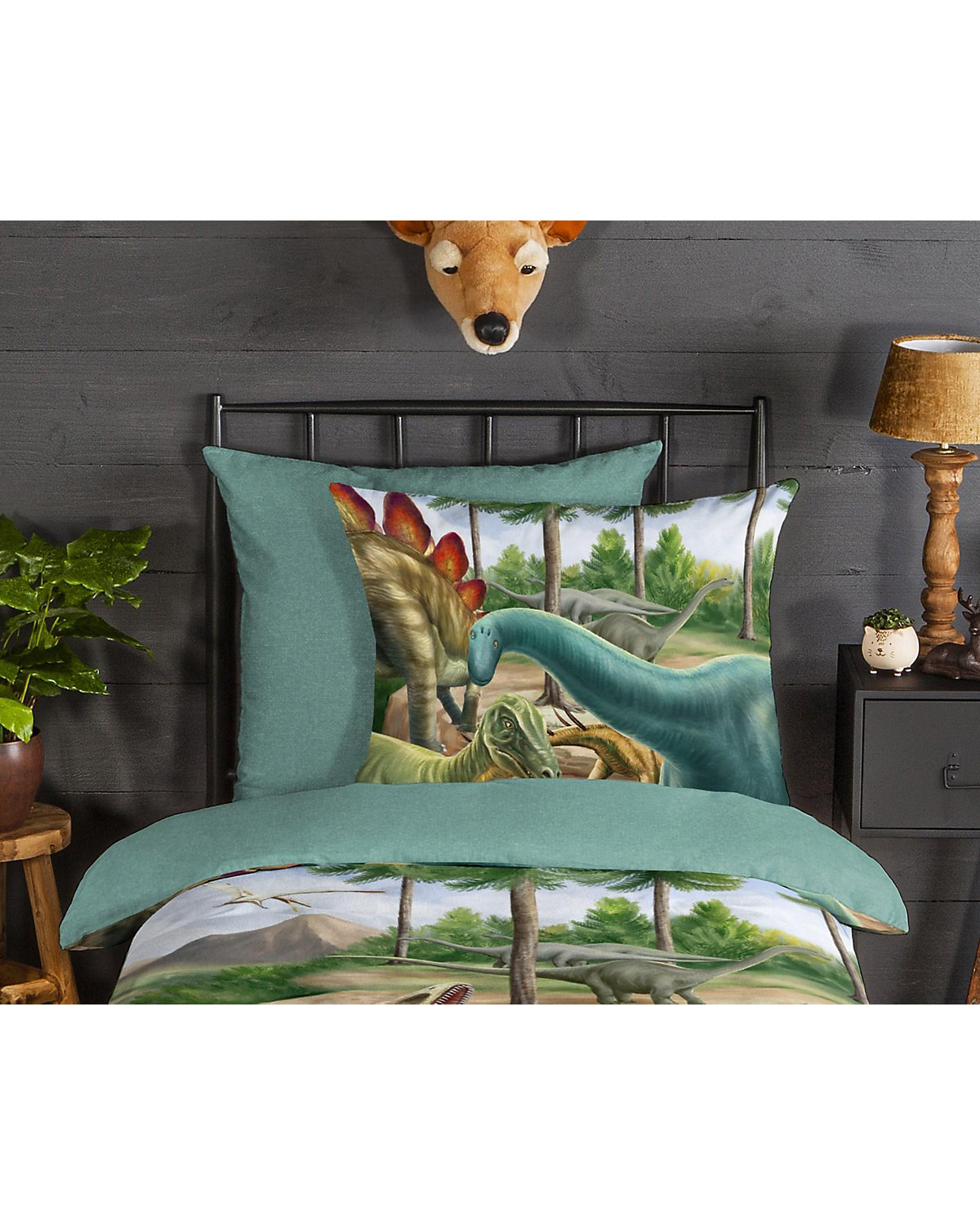 Kinder-Wendebettwäsche Prehistory, Flanell, grün, 135 x 200 + 80 x 80 cm