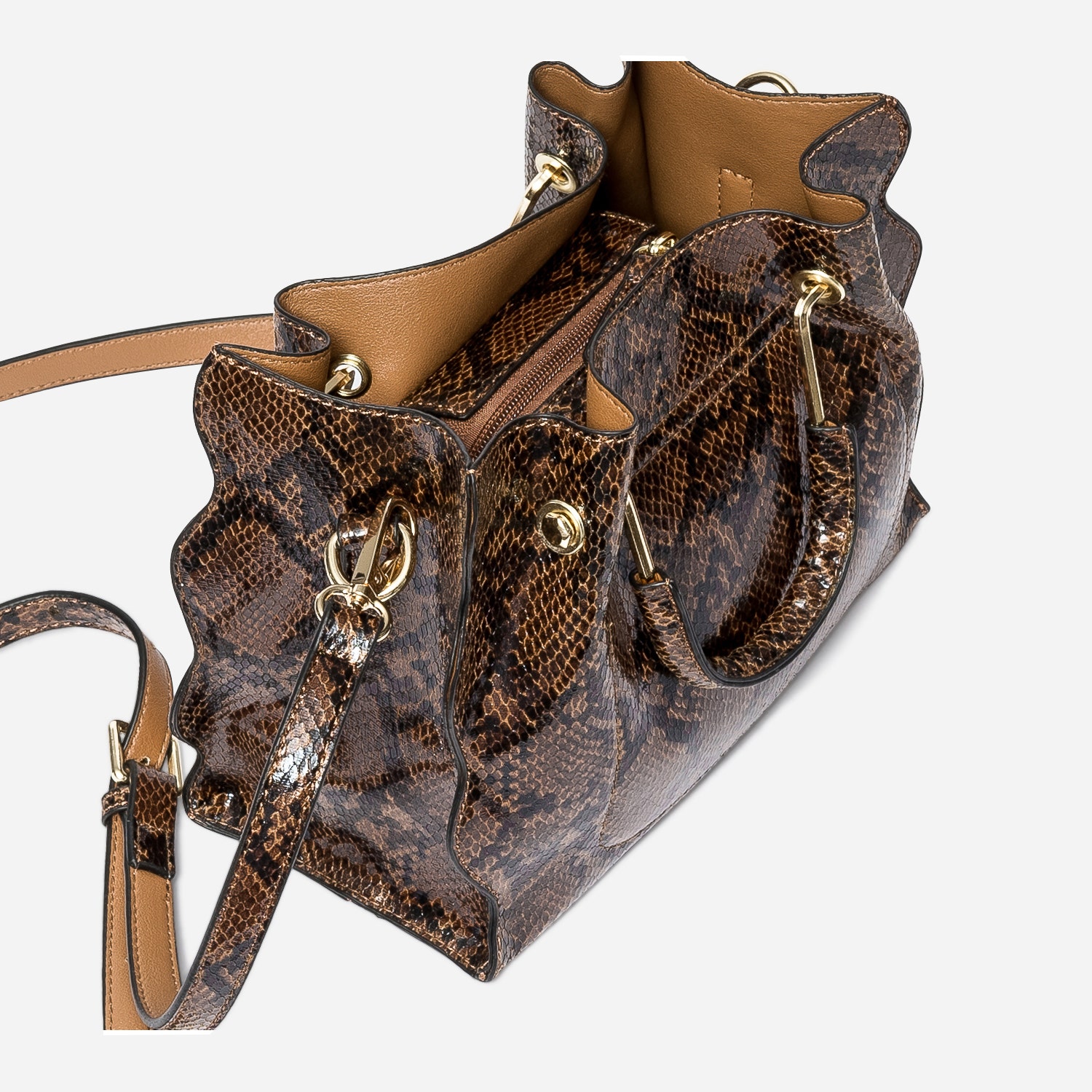 Sac à main marron effet python