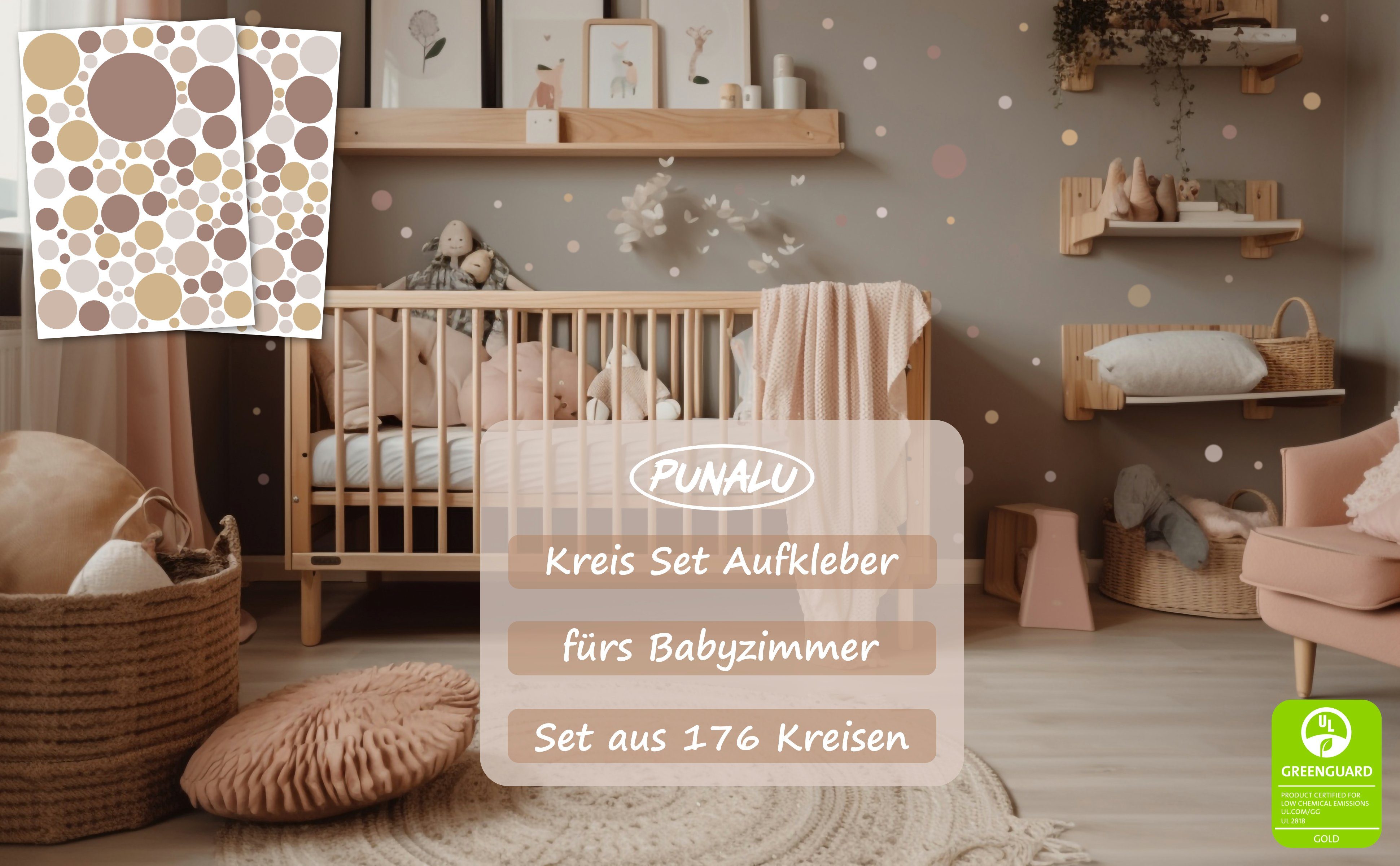 PUNALU Wandtattoo Kreis Set 176 Stück Wandtattoo für Babyzimmer Kinderzimmer Aufkleber, selbstklebend, rückstandslos abziehbar