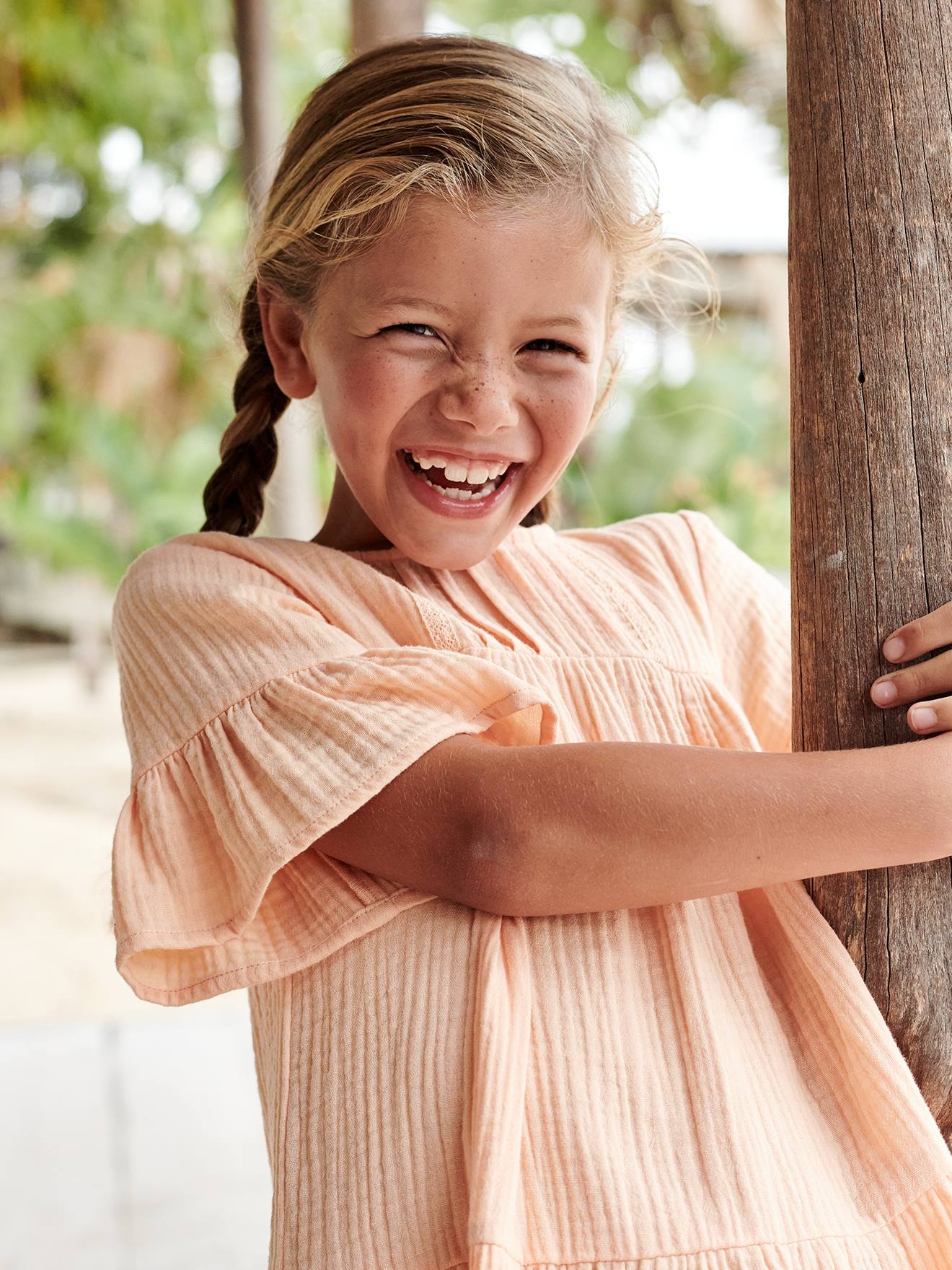 Robe en gaze de coton fille abricot poudré