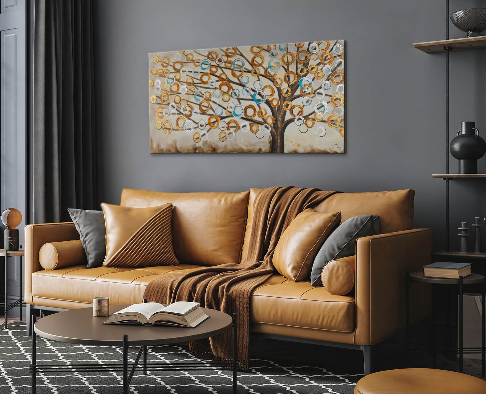 KUNSTLOFT Gemälde Herbstblues 140x70 cm, Leinwandbild 100% HANDGEMALT Wandbild Wohnzimmer