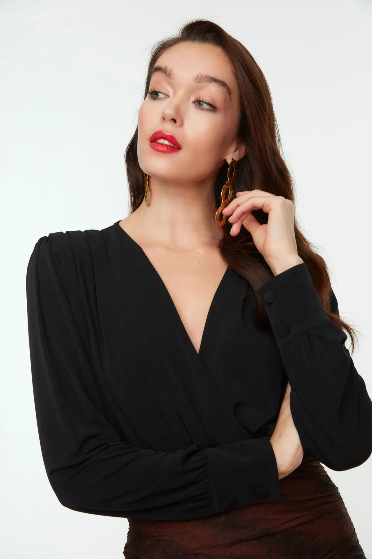Trendyol Collection  Schwarzer Wickel-Strick-Body mit Druckknöpfen TPRSS21BD0029
