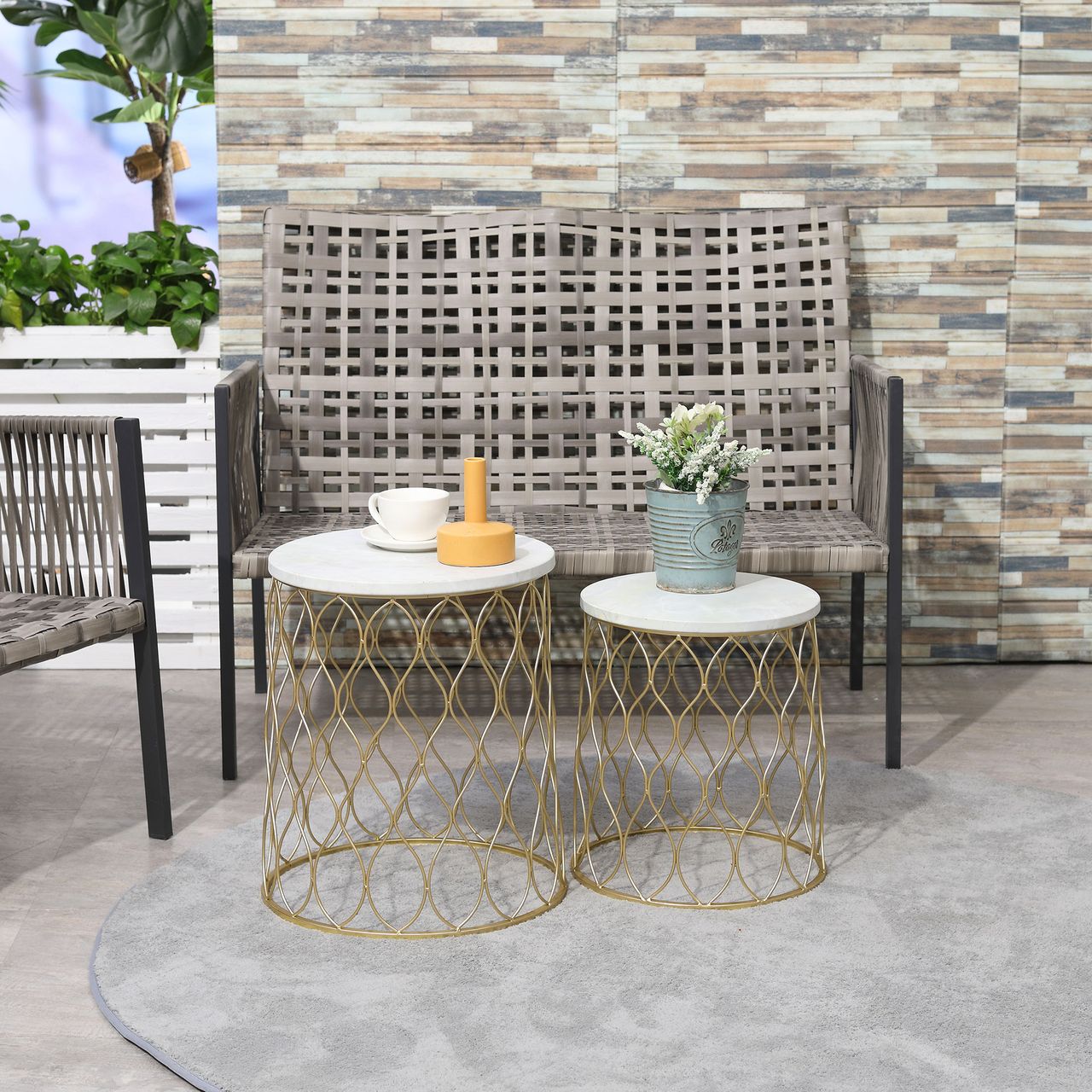 Outsunny 2er-Set Gartentisch Beistelltische Couchtische Retro Drahtkorb Metallkorb Garten Satztisch Gartenmöbel Outdoor Balkon Stahl Gold   Weiß Ø41 x 46 cm
