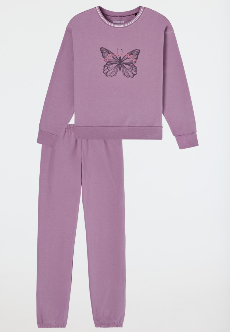 Schlafanzug lang Sweatwear Bündchen mauve - Nightwear