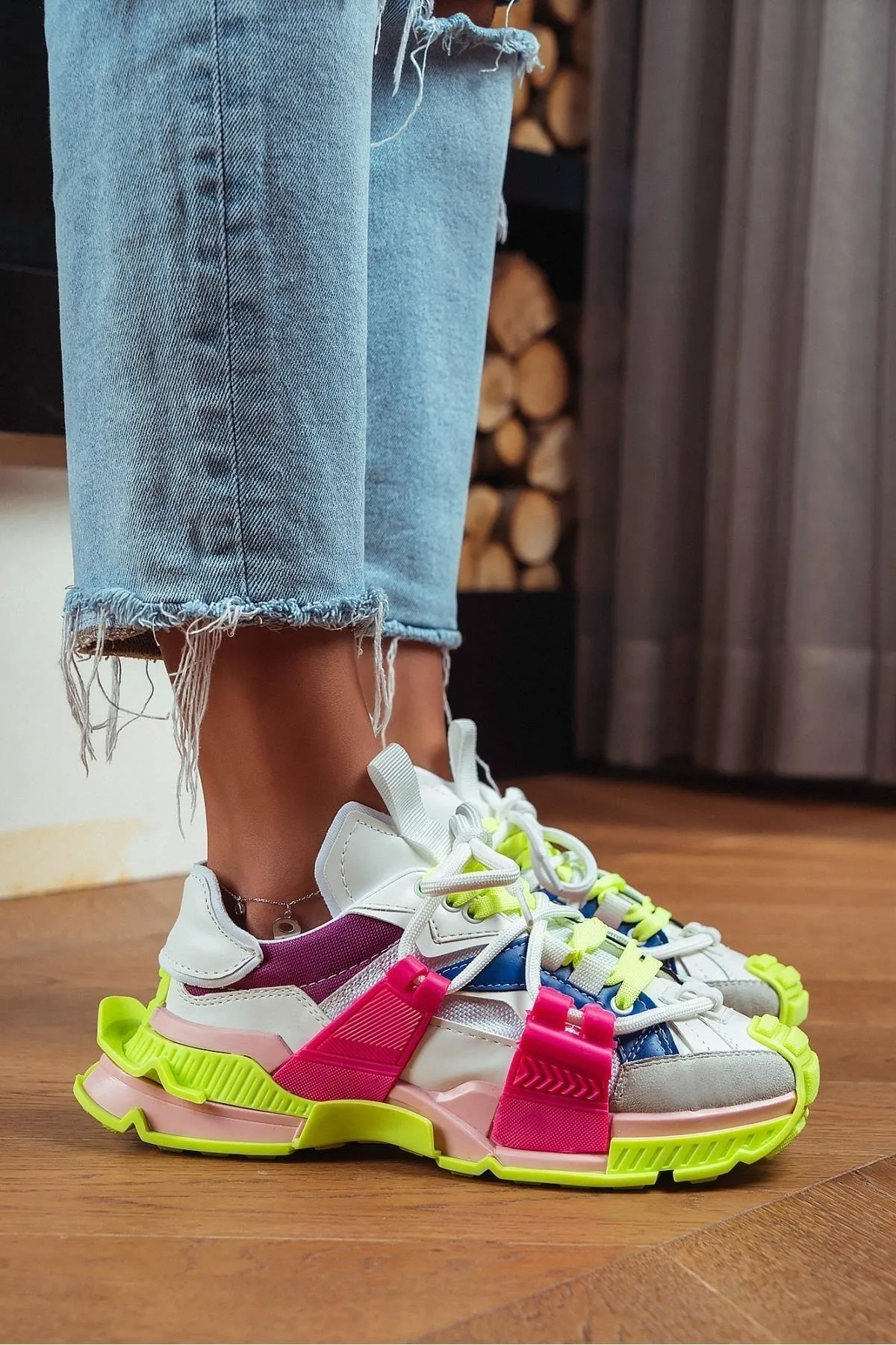 NİŞANTAŞI SHOES  Oslo Neongrüne Fuchsia Matte Spitze Detaillierte Damen-Sportschuhe mit dicker Sohle