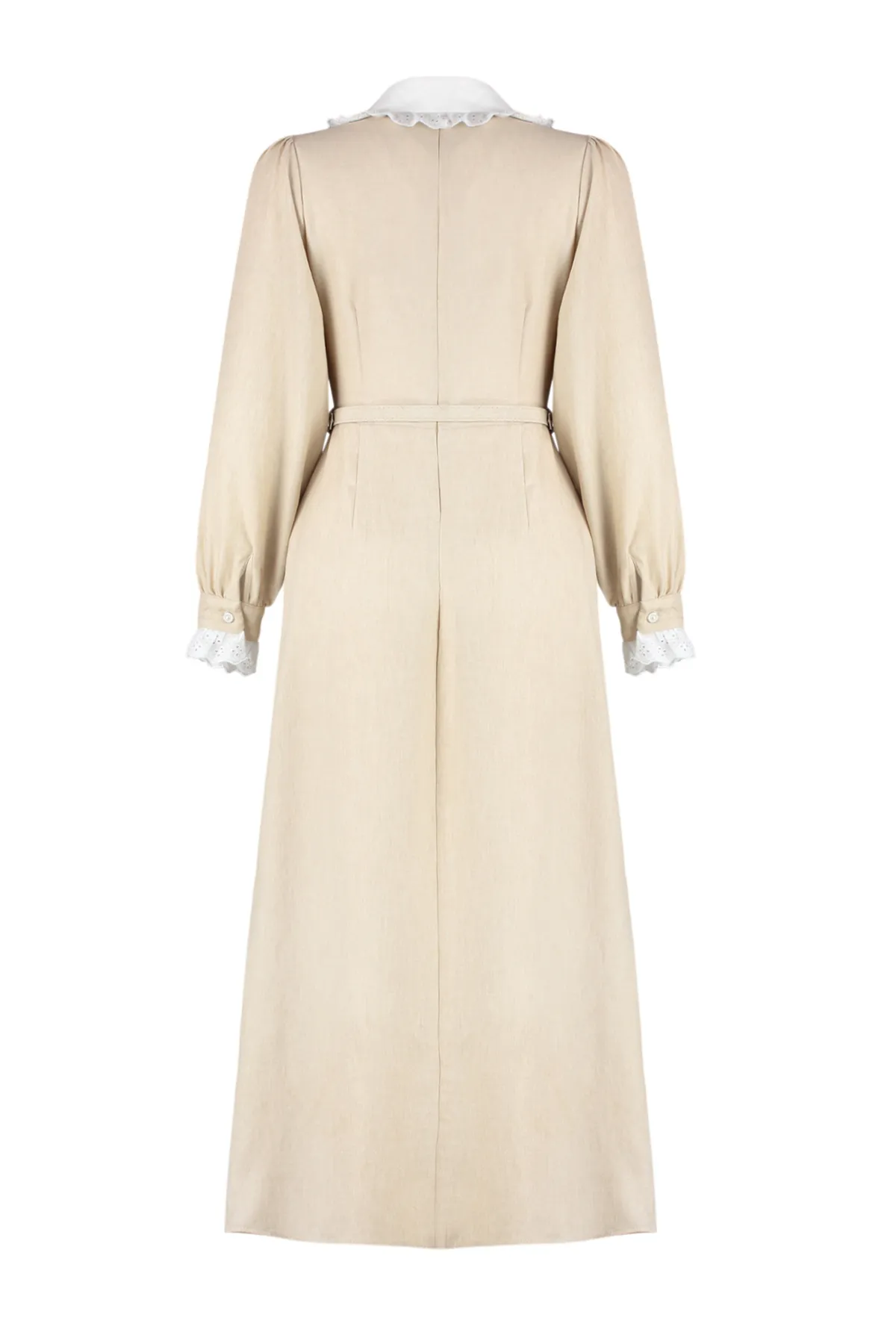 Trendyol Modest  Beigefarbenes, gewebtes Kleid in A-Linie mit Kragen und Ärmeln und Spitze TCTSS24EB00170