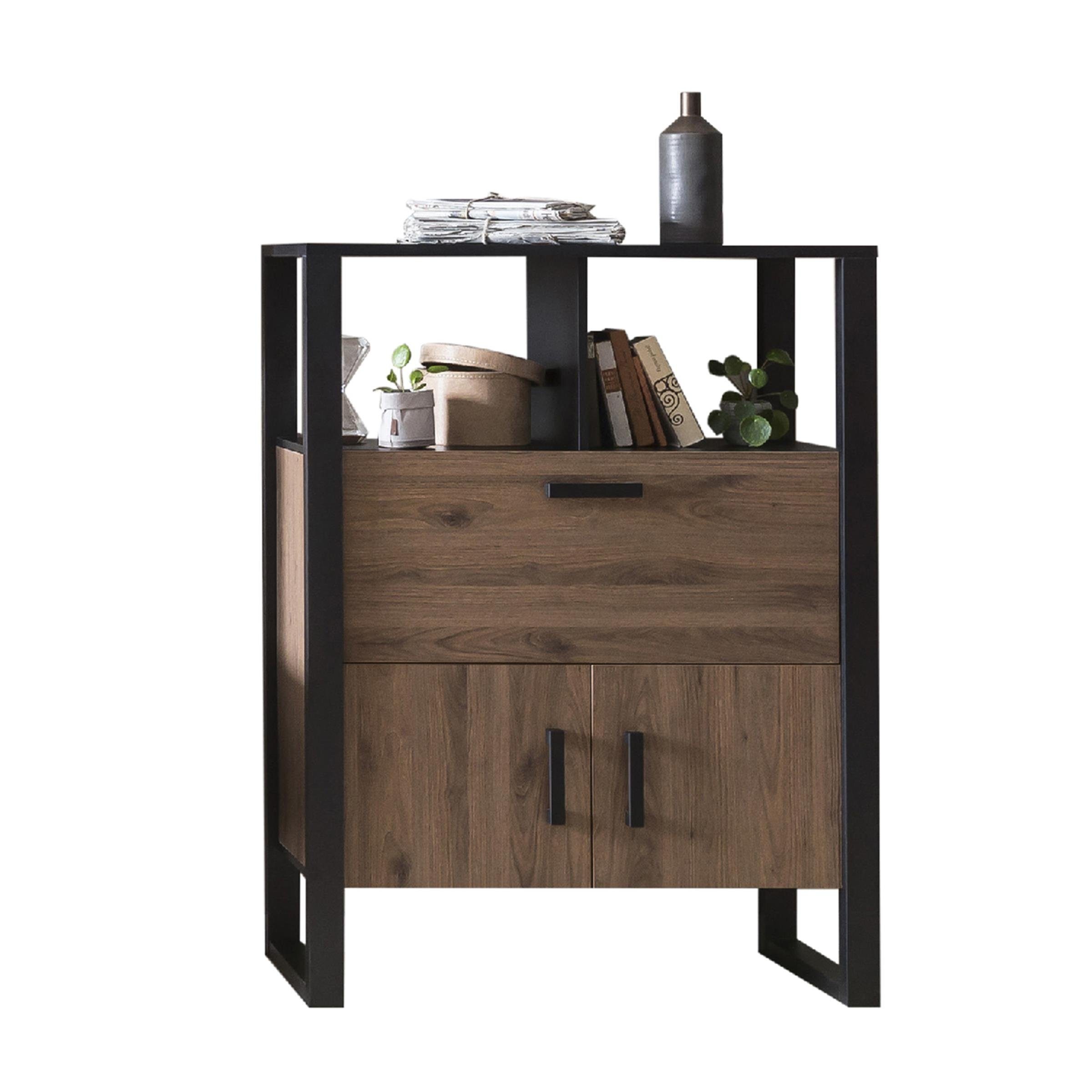 möbelando Barschrank Nordi Moderner Barschrank aus melaminharzbeschichteter Spanplatte, Front in Okapi-Nuss, Korpus in Schwarz/Okapi-Nuss, mit 3 Türen, 2 Einlegeböden und 2 offenen Fächern, Breite 100,3 cm, Höhe 133,4 cm, Tiefe 38,9 cm