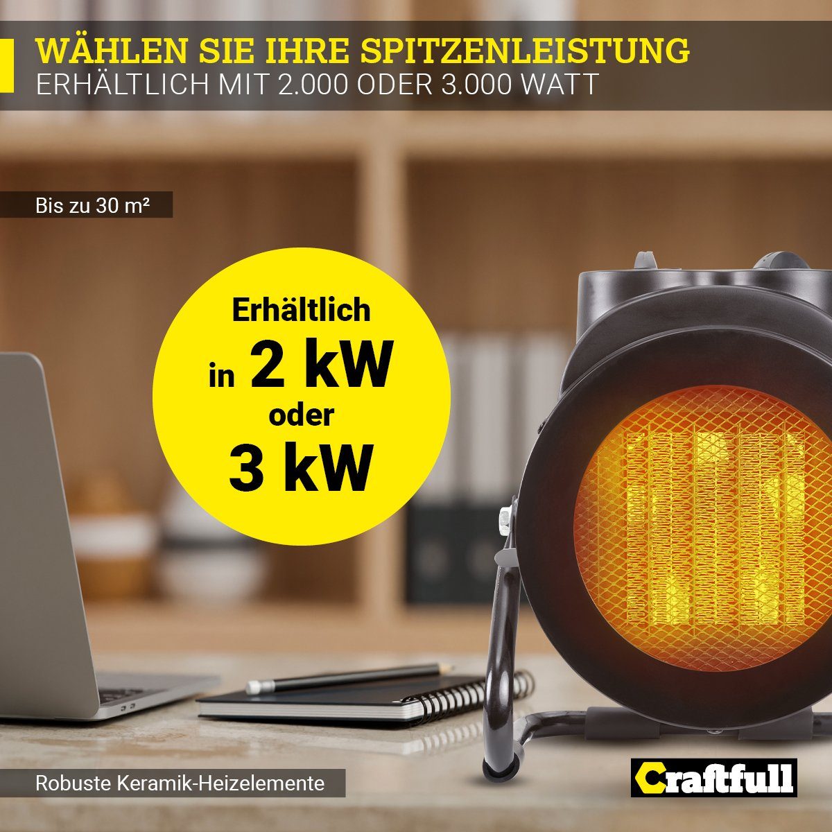 Craftfull Keramikheizlüfter Elektro Heizlüfter HL1000 inkl. 3 Jahre Garantie - Überhitzungsschutz, 2000 W, Elektroheizung Heizstrahler Heizgebläse Heizung - 3 Heizstufen