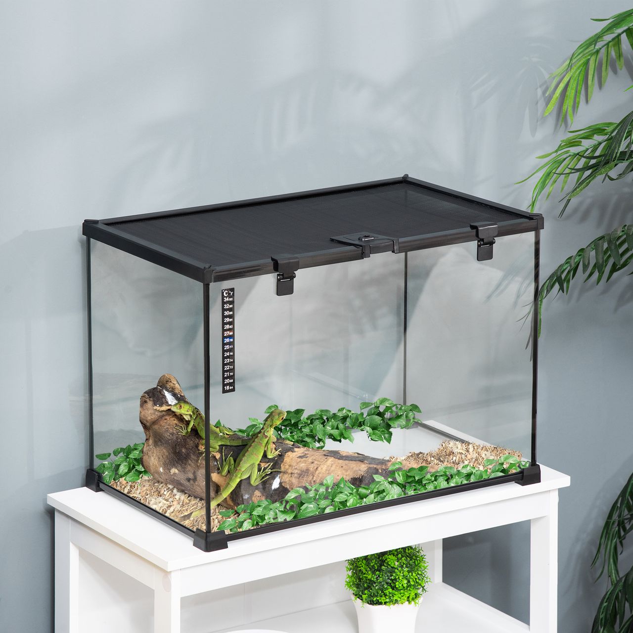 PawHut Terrarium für Reptilien Reptile Fütterungsbox Glasterrarium Amphibien Spinnentiere mit Thermometer Reptilienzuchtbox Metall Schwarz 50 x 30 x 35 cm