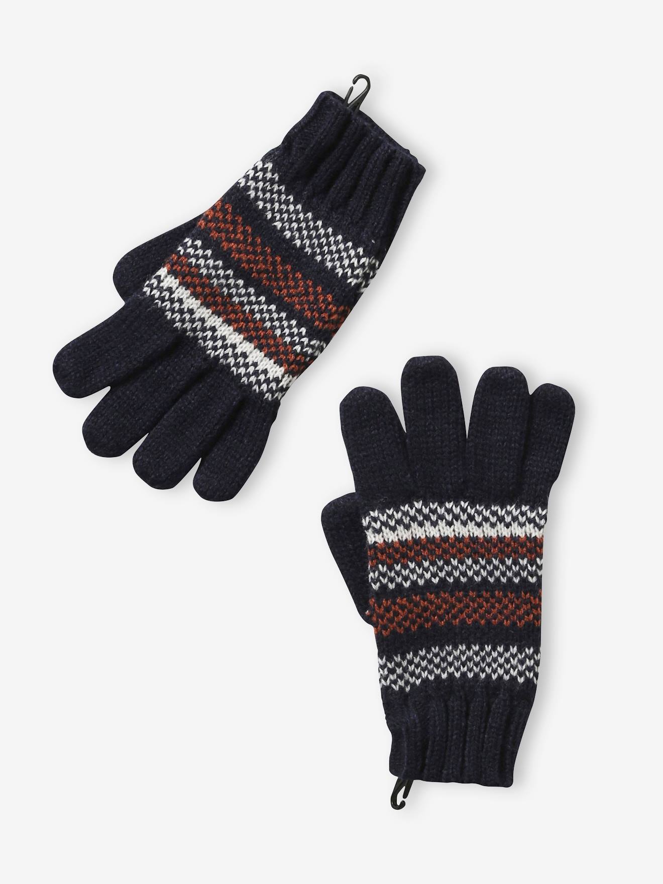 Vertbaudet Jungen Strick-Set: Mütze, Rundschal & Handschuhe, Streifen - marine