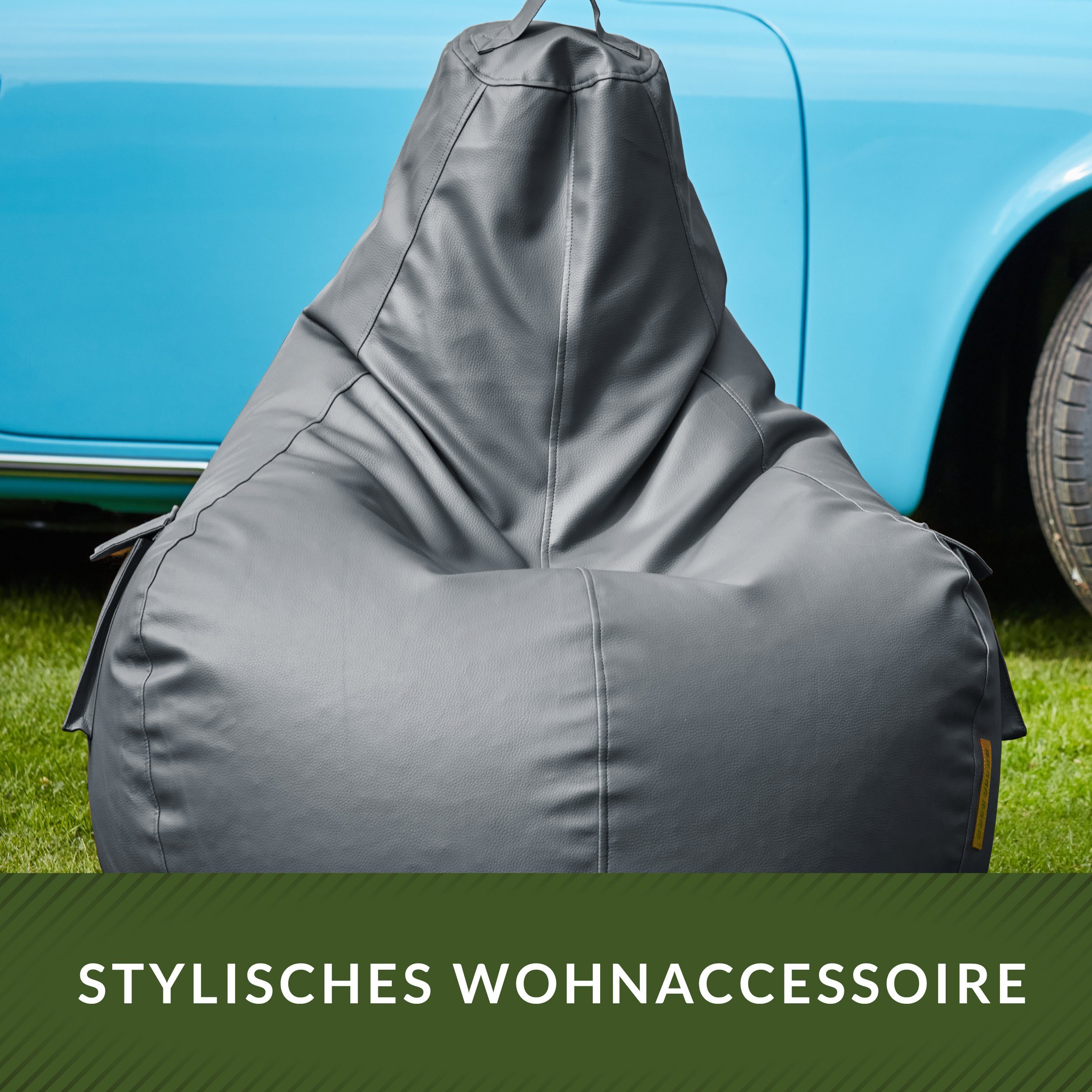 Green Bean Sitzsack Gaming mit Rückenlehne inkl. passenden Pouf (aus Kunstleder, Indoor und Outdoor geeignet), Couch Kissen Riesensitzsack Lounge Chair Hocker Bean Bag Kissen