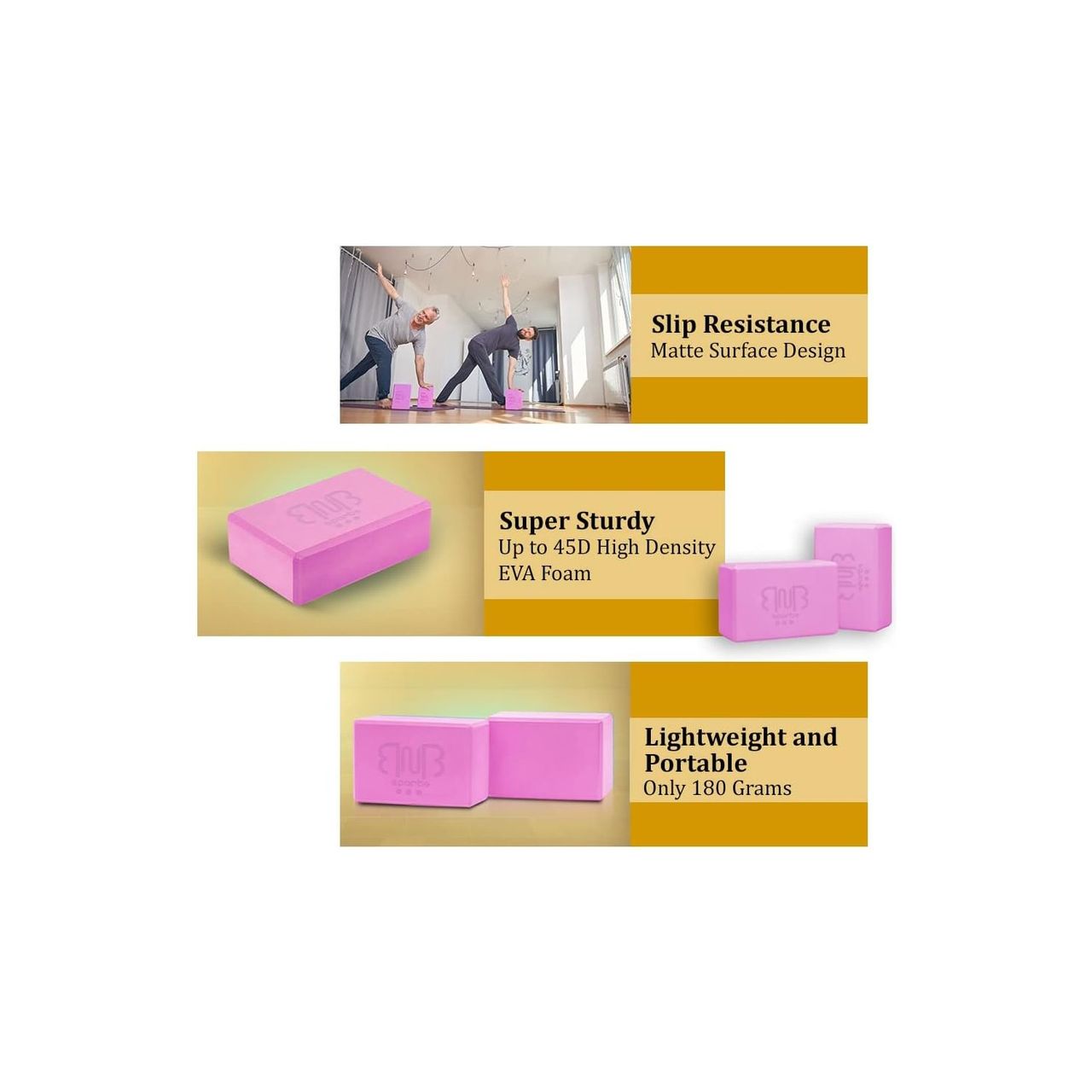 BnB Sports 2er Pack Premium Yoga Blöcke Stabile Sportmatte, rutschfest
