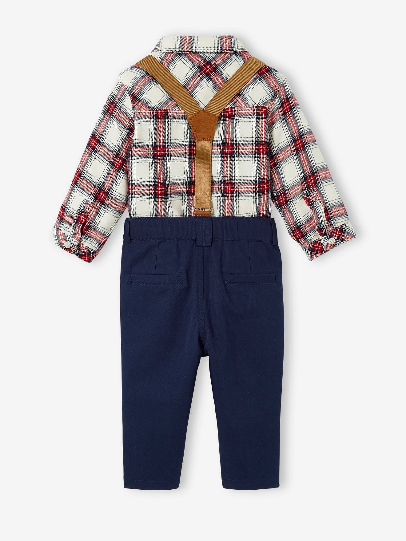 Ensemble bébé chemise + pantalon à bretelles + noeud papillon écru