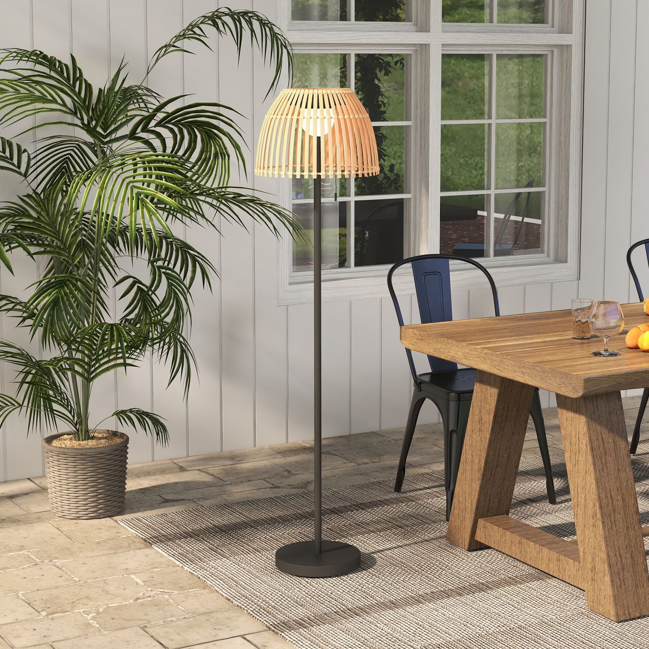 Outsunny Solar Stehlampe, Outdoor/Indoor, Bambusschirm, Alurahmen, Schwarz/Natur