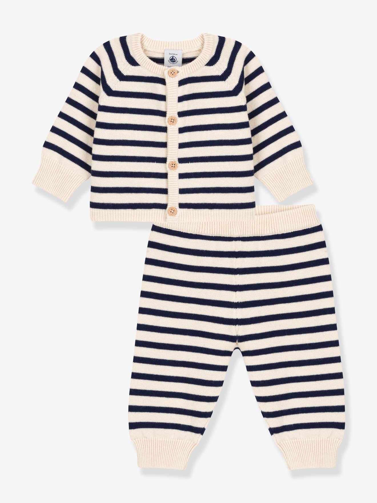 Petit Bateau Baby-Set: Strickjacke & Hose PETIT BATEAU, Wolle/Baumwolle - weiß bedruckt