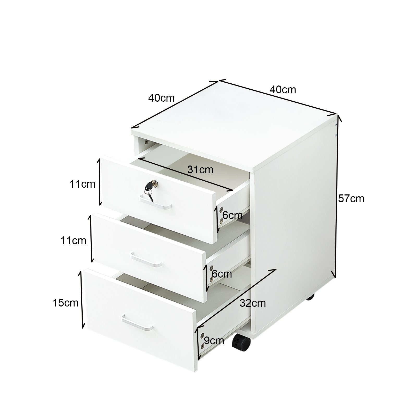 CLIPOP Aktenschrank Rollcontainer mobiler Büroschrank, Kommode mit 3 Schubladen