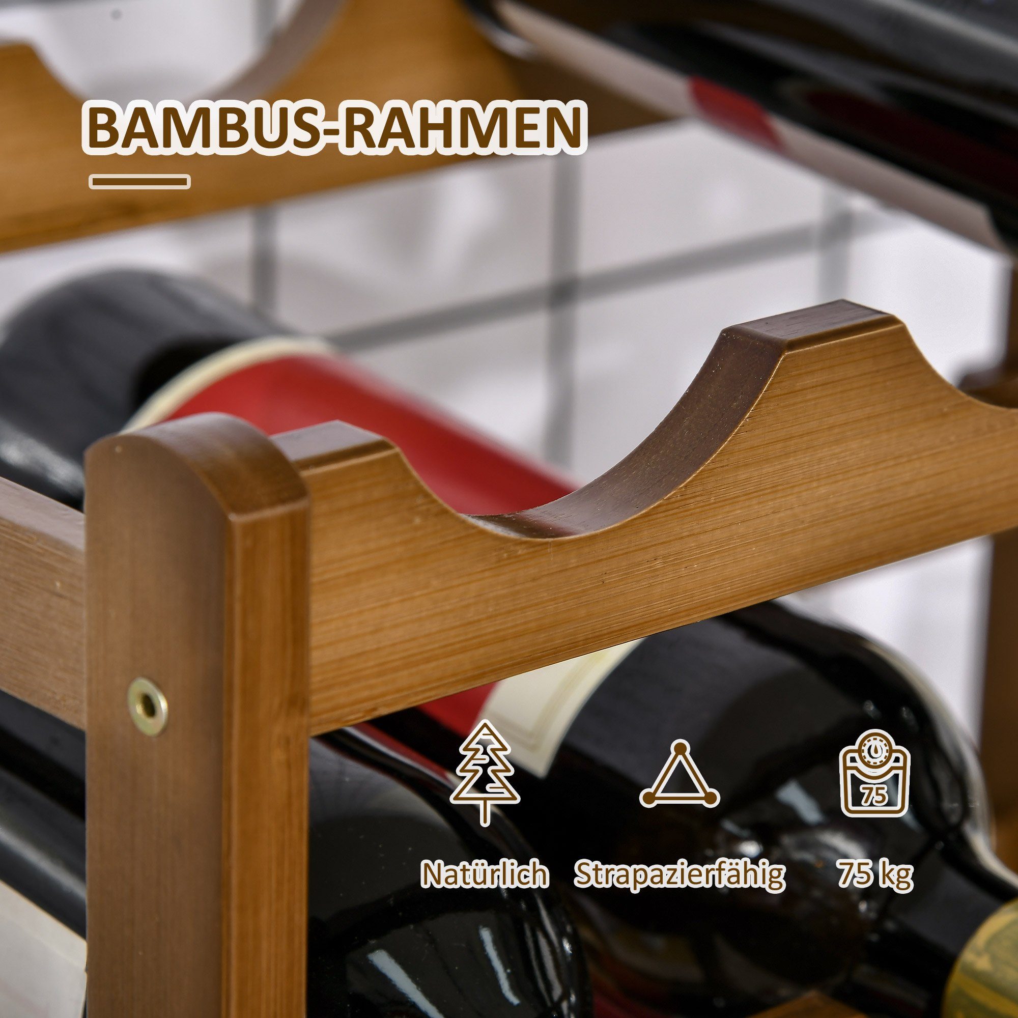 HOMCOM Weinregal Flaschenregal mit natürlichen Stil, Standregal,aus Bambus, Wasserfest, Weinhalter 1-tlg., mit 4 Regalen