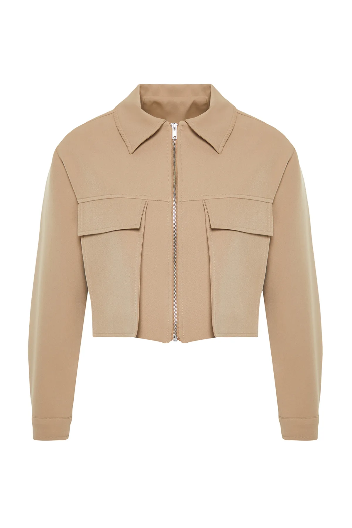 Trendyol Collection  Nerzfarbene Utility-Crop-Webjacke mit Taschendetails TWOSS24CE00031