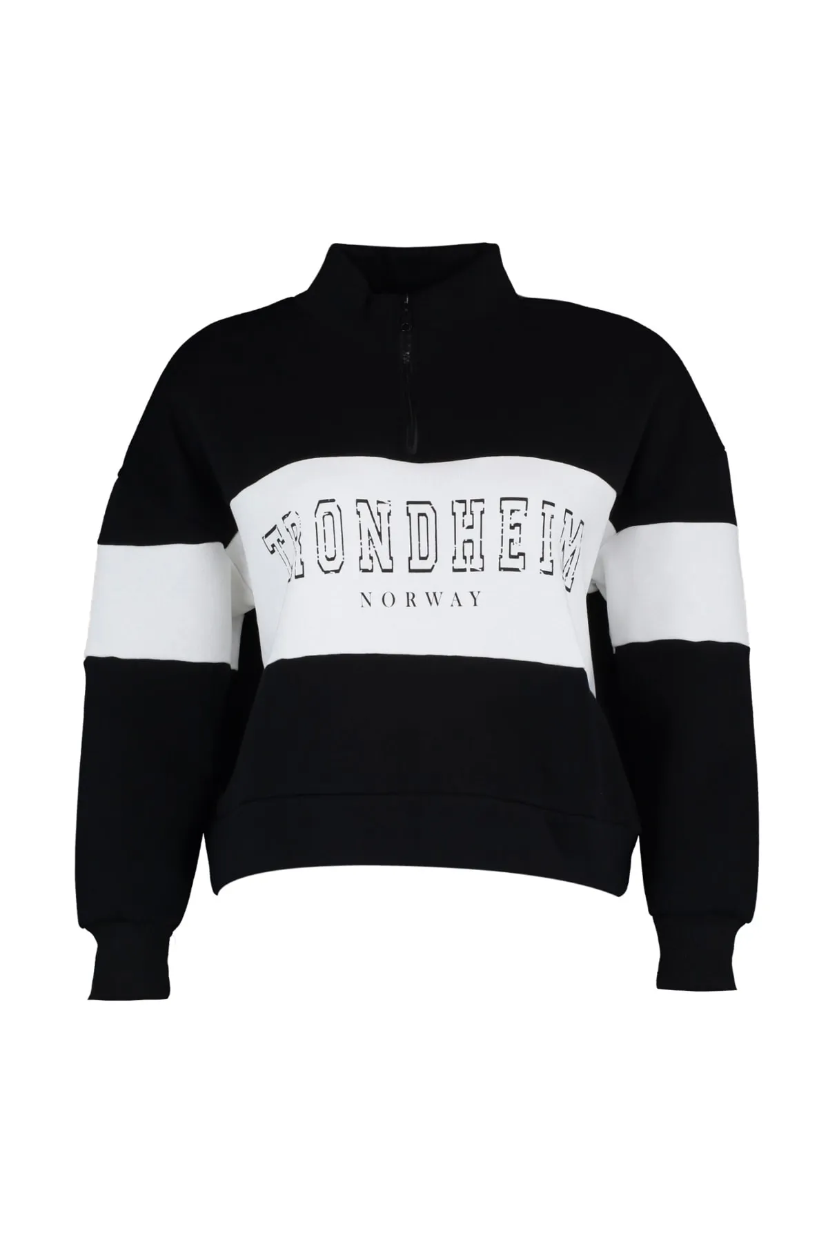 Trendyol Curve  Schwarzes Strick-Sweatshirt mit Farbblockierung, Reißverschluss und Stehkragen, dick, erhöht, TBBAW23AO00073