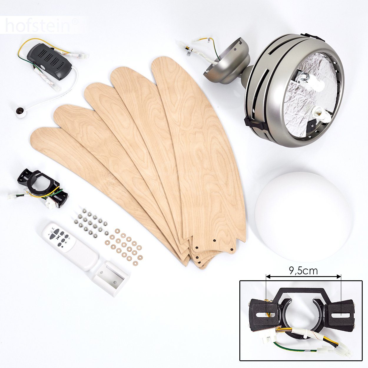 hofstein Deckenventilator Quarto Ventilator aus Metall/Holz/Glas in Nickel-matt/Natur/Weiß