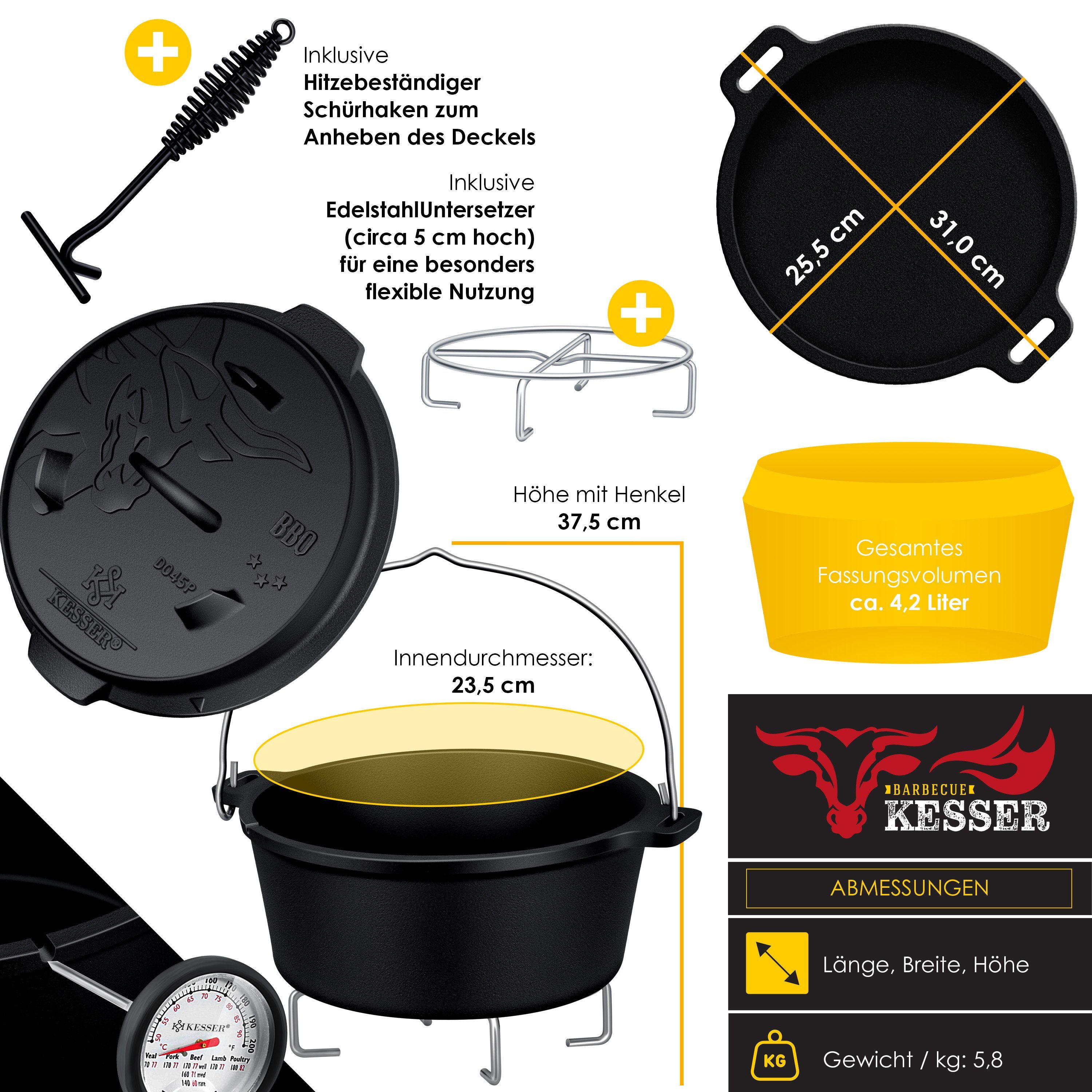 KESSER Feuertopf, Gußeisen, Dutch Oven Set BBQ Feuertopf Schmortopf, Gusseisen Topf