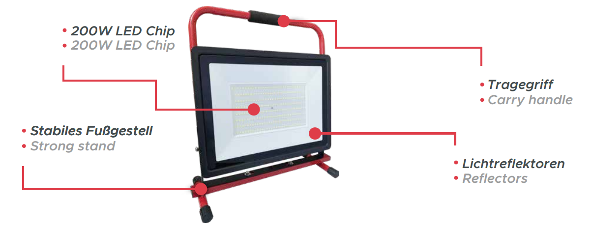 BOXTEC LED Arbeitsleuchte, Baustrahler, PRO-LINE FIXSTAND 200W, 16000lm, 6500K, IP65, 3m Gummikabel