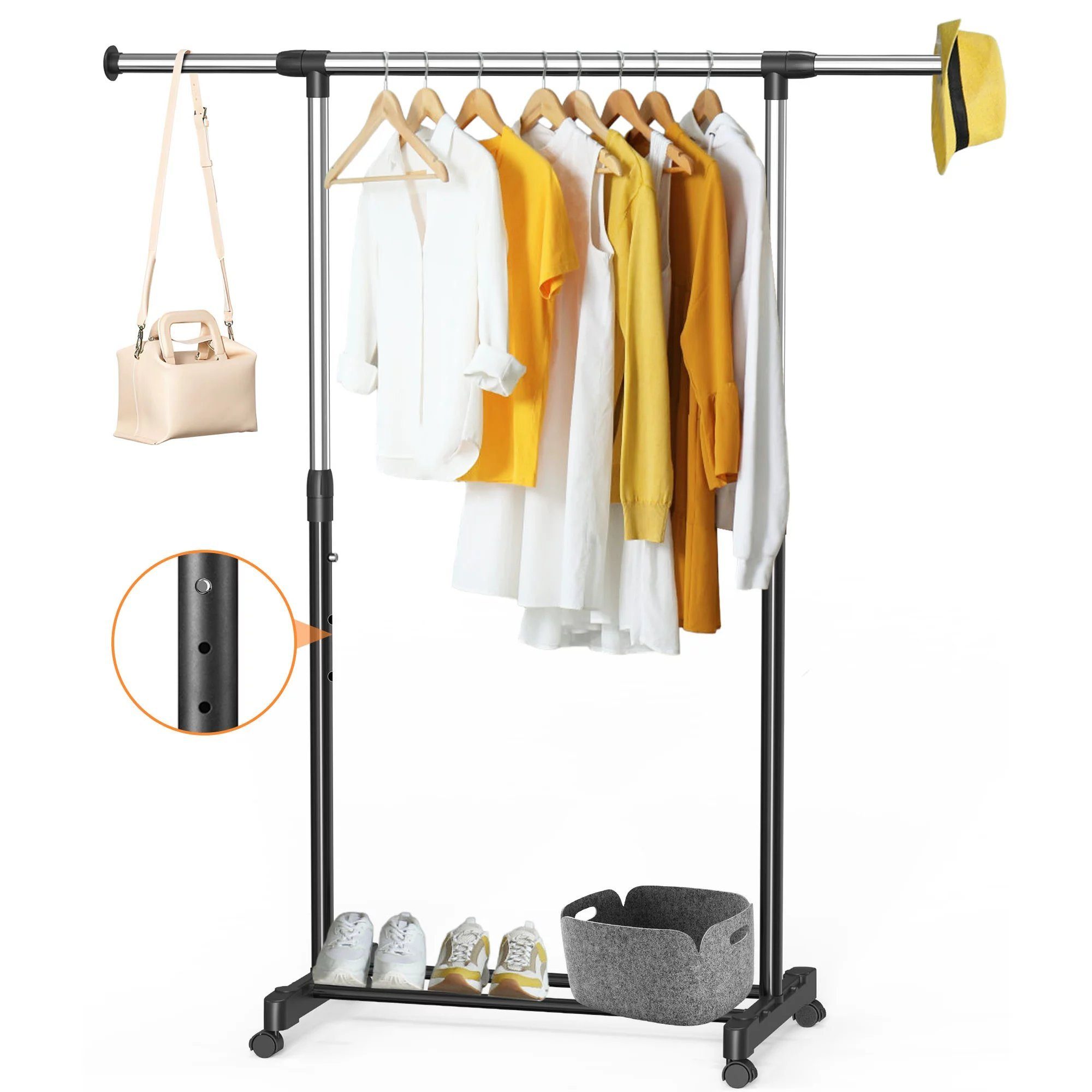 NEFOSO Garderobenständer Bodenstehender mit rollen, schlafzimmer garderoben, 30 kg belastbar, ausziehbar(90-149cm)& Höhenverstellbar, kleiderständer Metall, schwarz