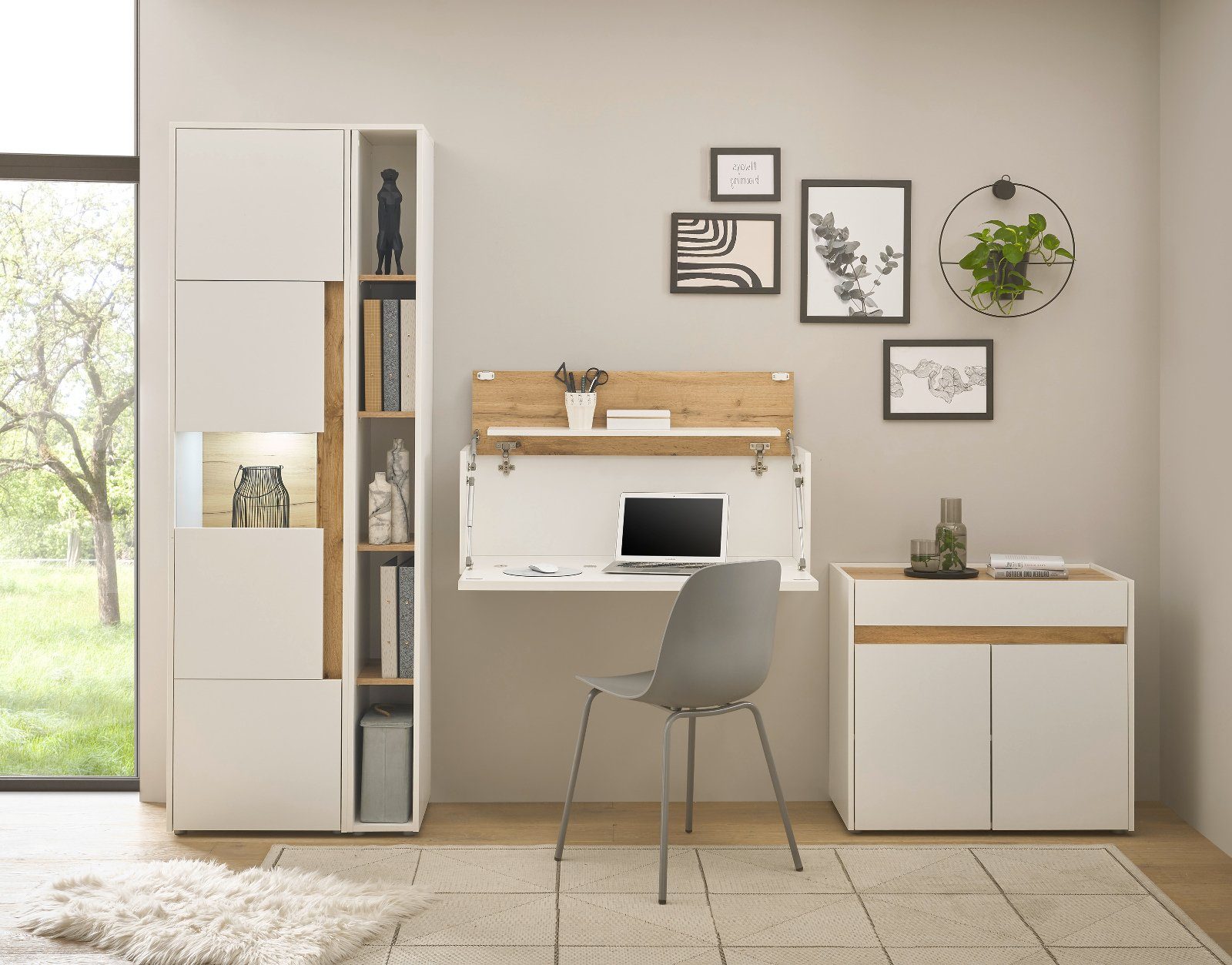 Furn.Design Mehrzweckschrank-Set Center, (Homeoffice Wohnwand in weiß mit Wotan Eiche, 4-teilig, 270 x 200 cm), integrierter Sekretär