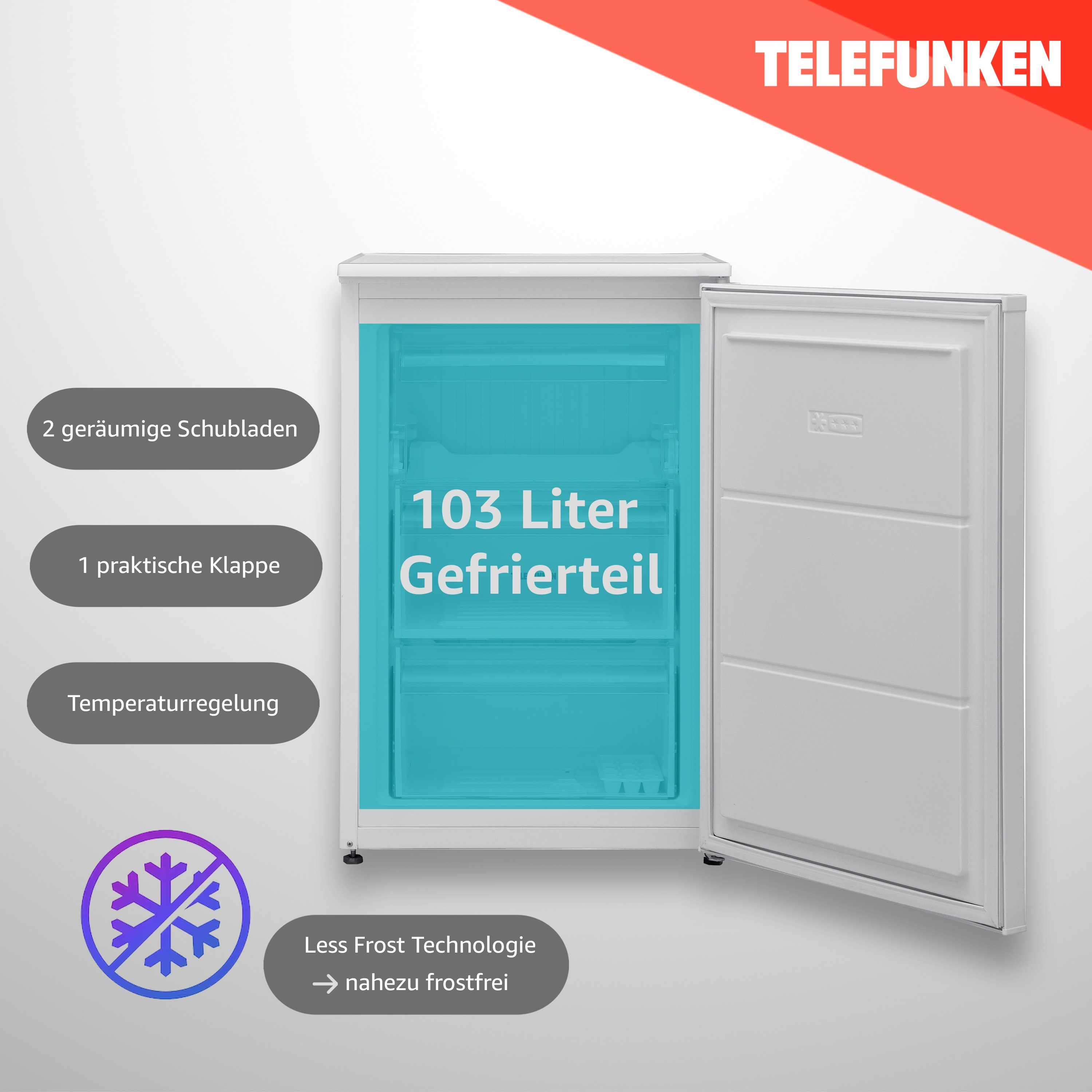 Telefunken Gefrierschrank F-103-100-W, 83.8 cm hoch, 54 cm breit, 103 Liter Nutzinhalt, Tiefkühlschrank klein, Less Frost, freistehend