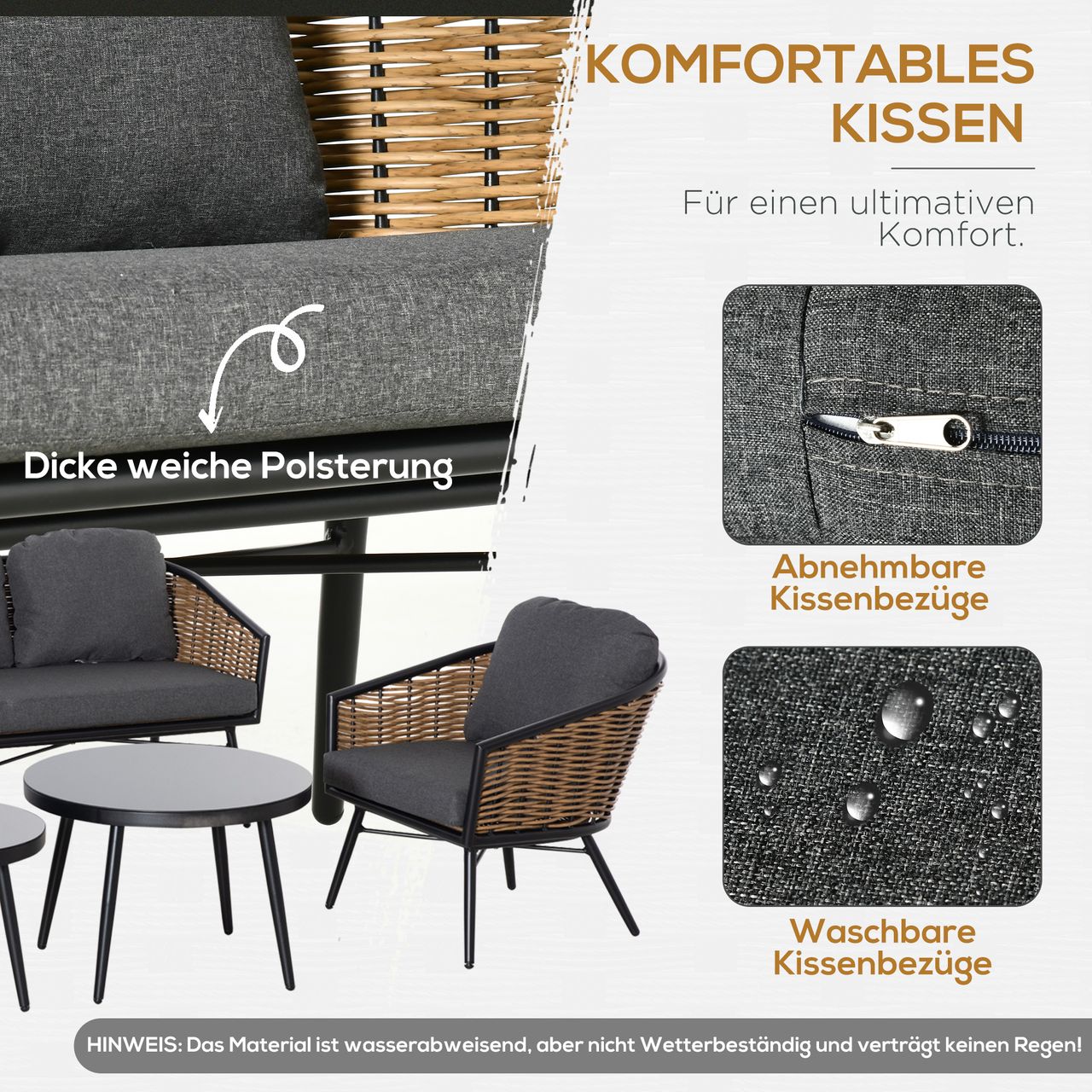 Outsunny Polyrattan Gartenmöbel Set 5-teiliges Rattensofa-Set Sitzgruppe Sitzgarnitur für Pause Lounge Teetisch mit Sofa Kissen Aluminium Natur