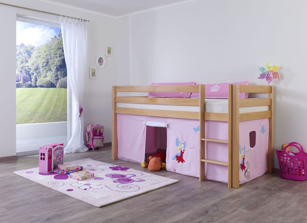 Relita Halbhohes Spielbett ALEX Buche massiv natur lackiert mit Stoffset Vorhang Princess