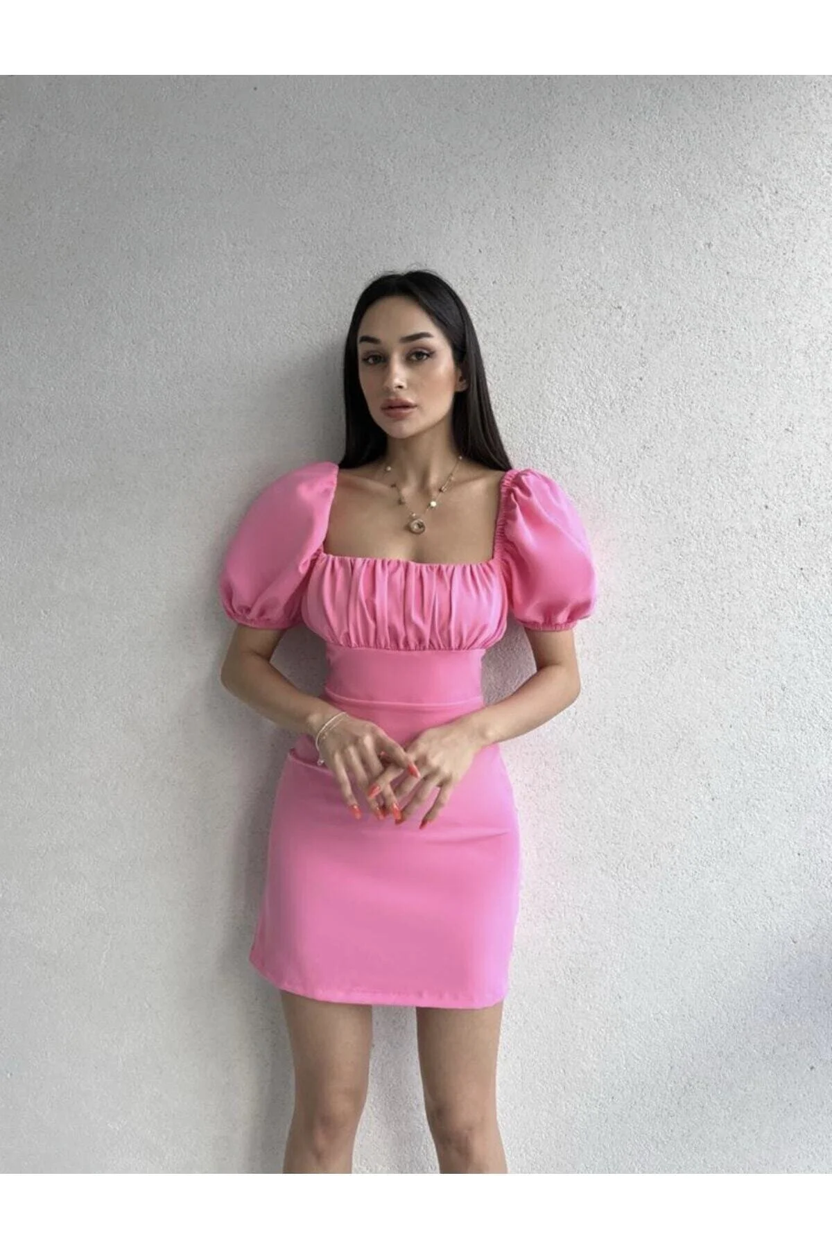 Afiş Butik  Rosa, tief sitzendes Kleid mit Wassermelonenärmeln