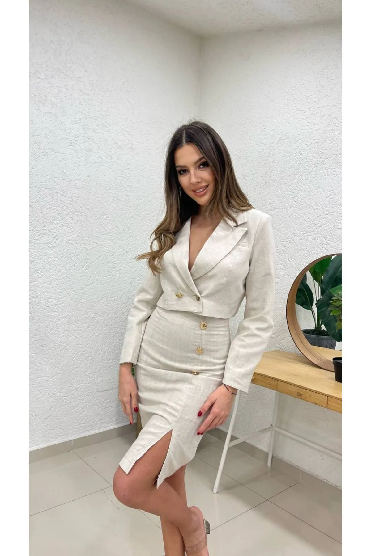 ZF BUTİK  CROP-JACKE-ROCK-DOPPEL-LEINEN-SET