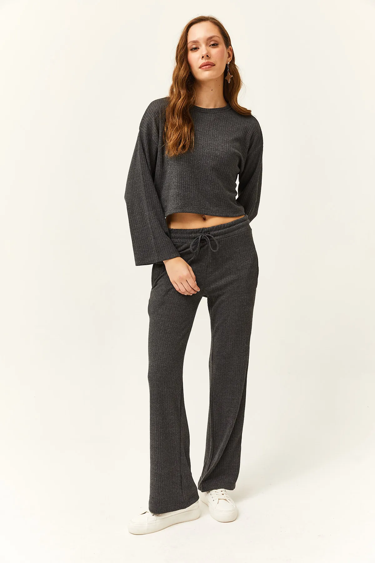 Olalook  Damen Anthrazit Oberteil Lockere Bluse Unterteil Tasche Hose Set
