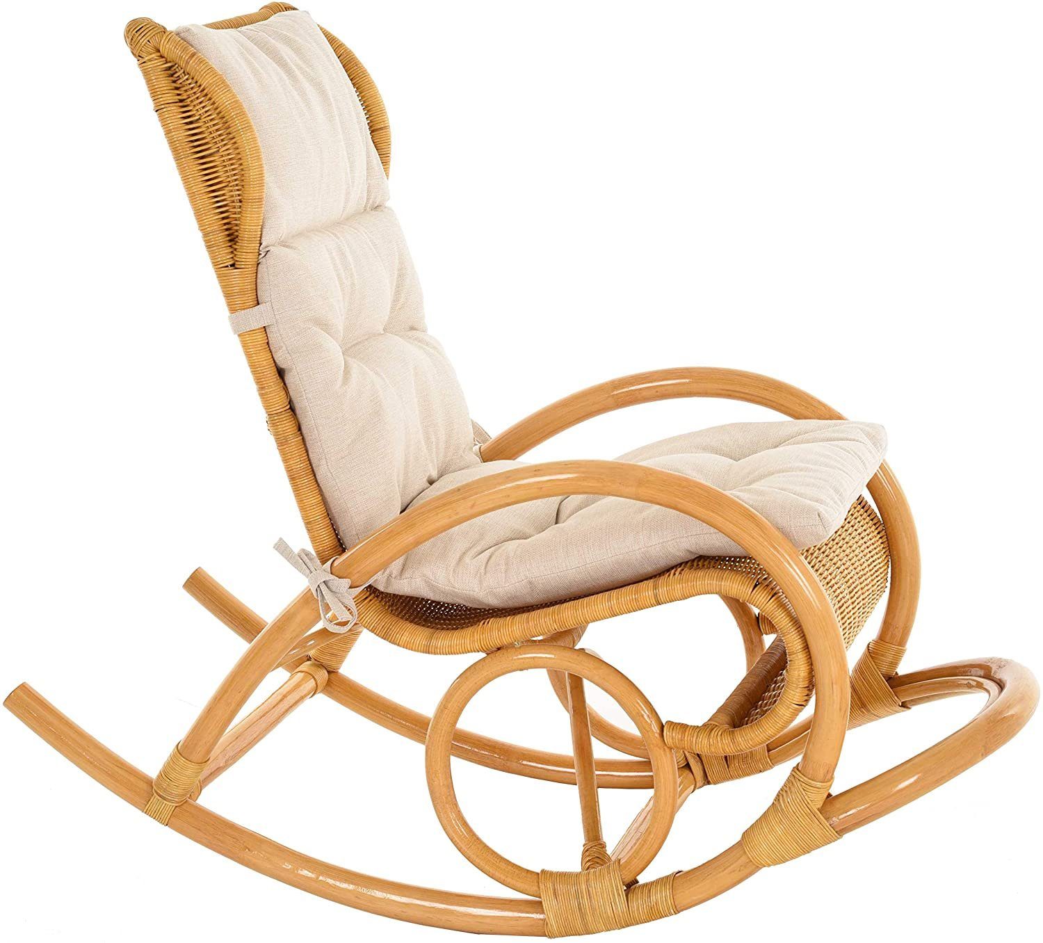 Krines Home Schaukelstuhl Luxor Schaukelstuhl Natur Rattan Schaukelsessel Relaxsessel, mit Polsterauflage