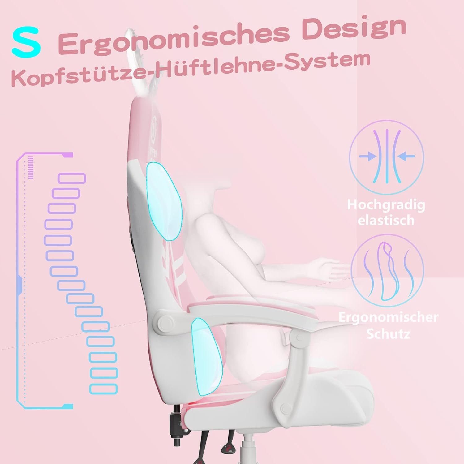 JUNG Gaming-Stuhl JOYFLY Gaming Stuhl Bürostuhl Ergonomisch, Lendenkissen verstellbar (210kg Belastbar, Zockerstuhl, Zocker, Sessel Gaming, 1 St), Pc Sessel, Computerstuhl, Computer Stuhl, Zockersessel