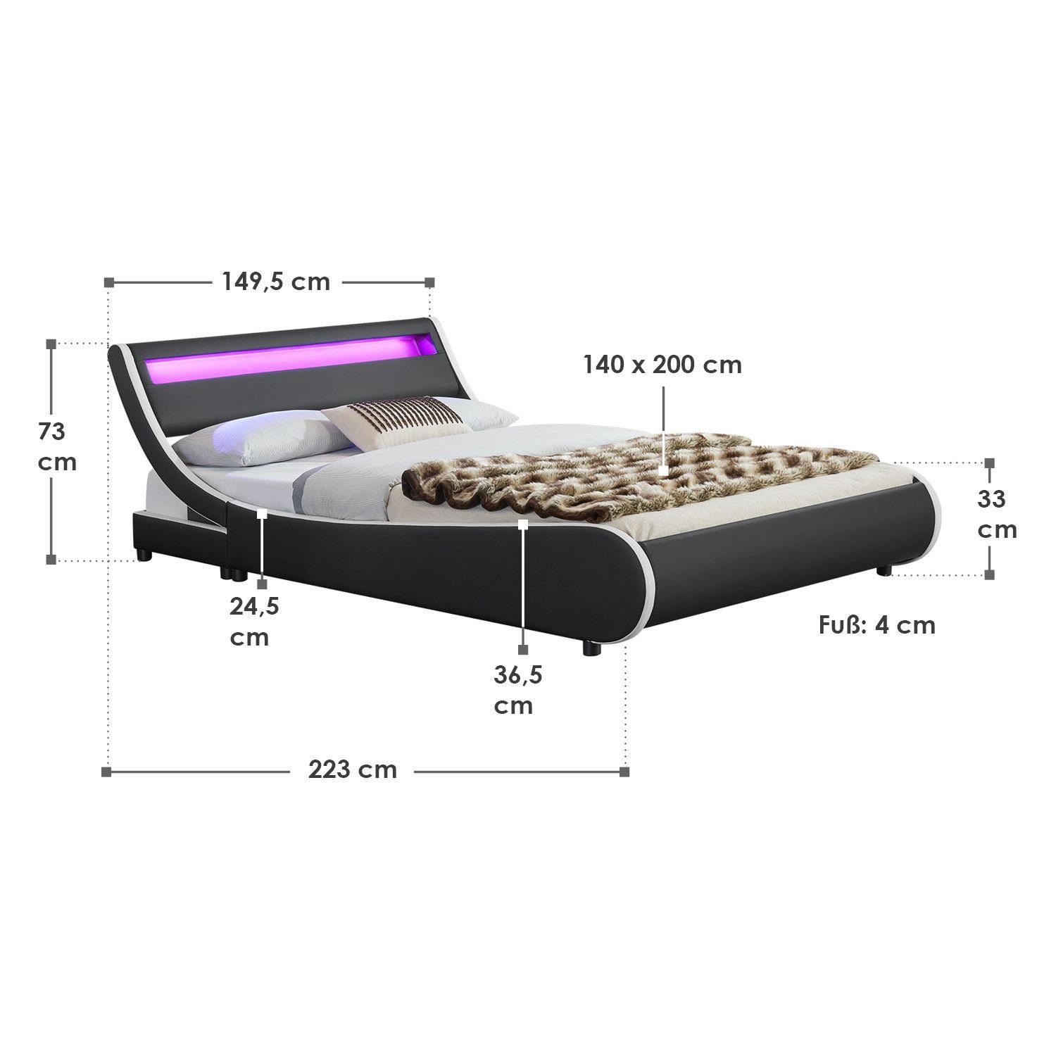 Juskys Polsterbett Valencia, 140 x 200 cm, Doppelbett mit Lattenrost, LED-Beleuchtung und Fernbedienung