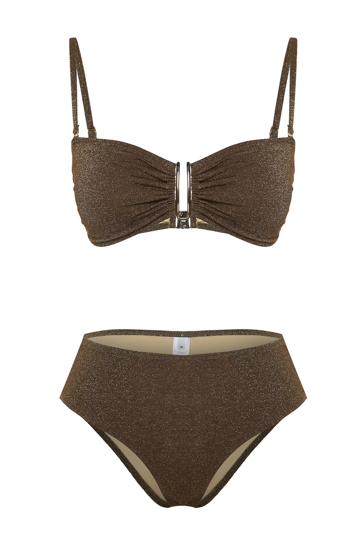 Trendyol Collection  Braunes trägerloses brasilianisches Bikini-Set mit glitzernder hoher Taille und hohem Beinausschnitt TBESS24BT00054
