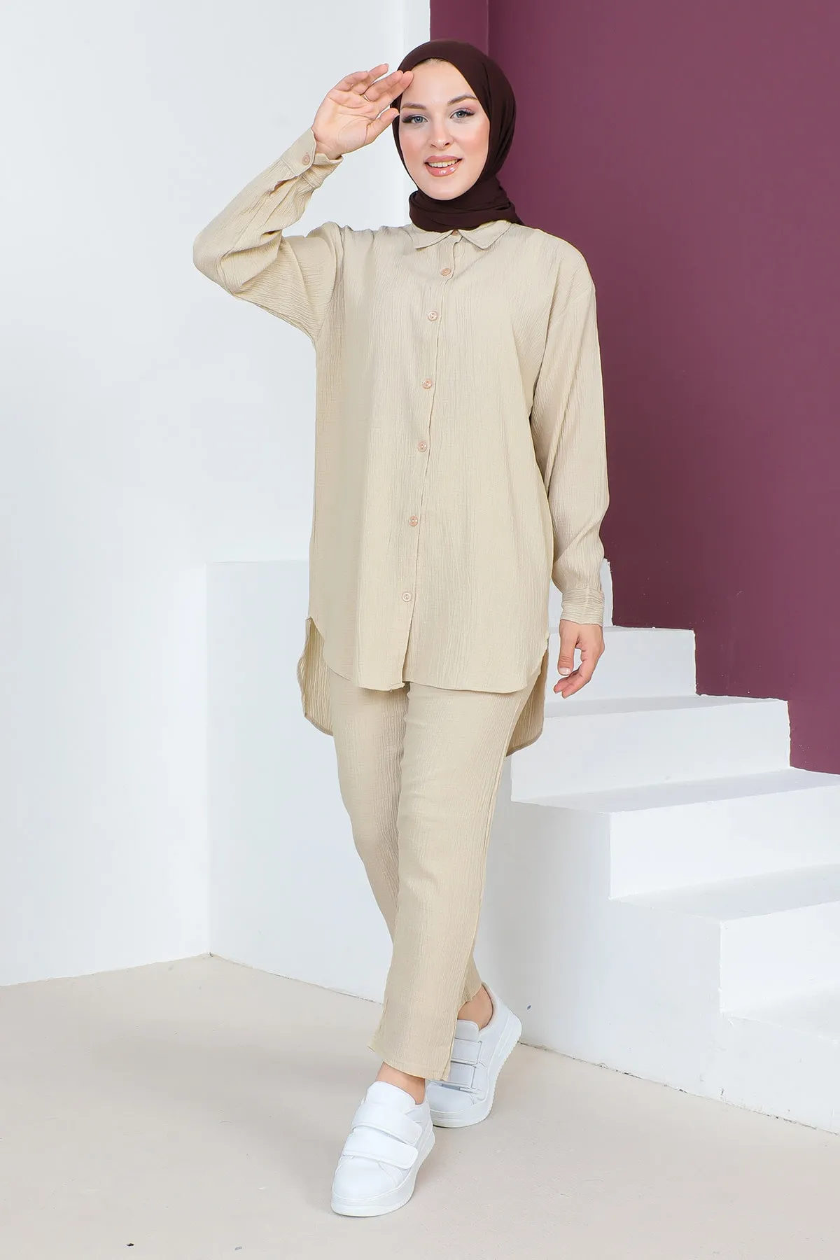 Tesettür Dünyası  Geknöpfter Doppelanzug TSD230632 Beige