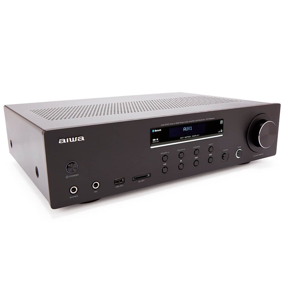 Aiwa AMU-120BT AV-Empfänger und -Verstärker, BT v5.0-Empfänger 2X 60 W Audioverstärker (Anzahl Kanäle: 2, 120 W, Tonregelung Bass & Treble unabhängige Einstellungen +/- 10dB, Kanaltrennung > 80 dB bei 1 kHz, Vollalphanumerisches 16-Zeichen x 2-Zeilen