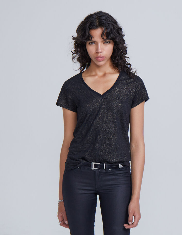Tee-shirt col V noir en lin foil femme