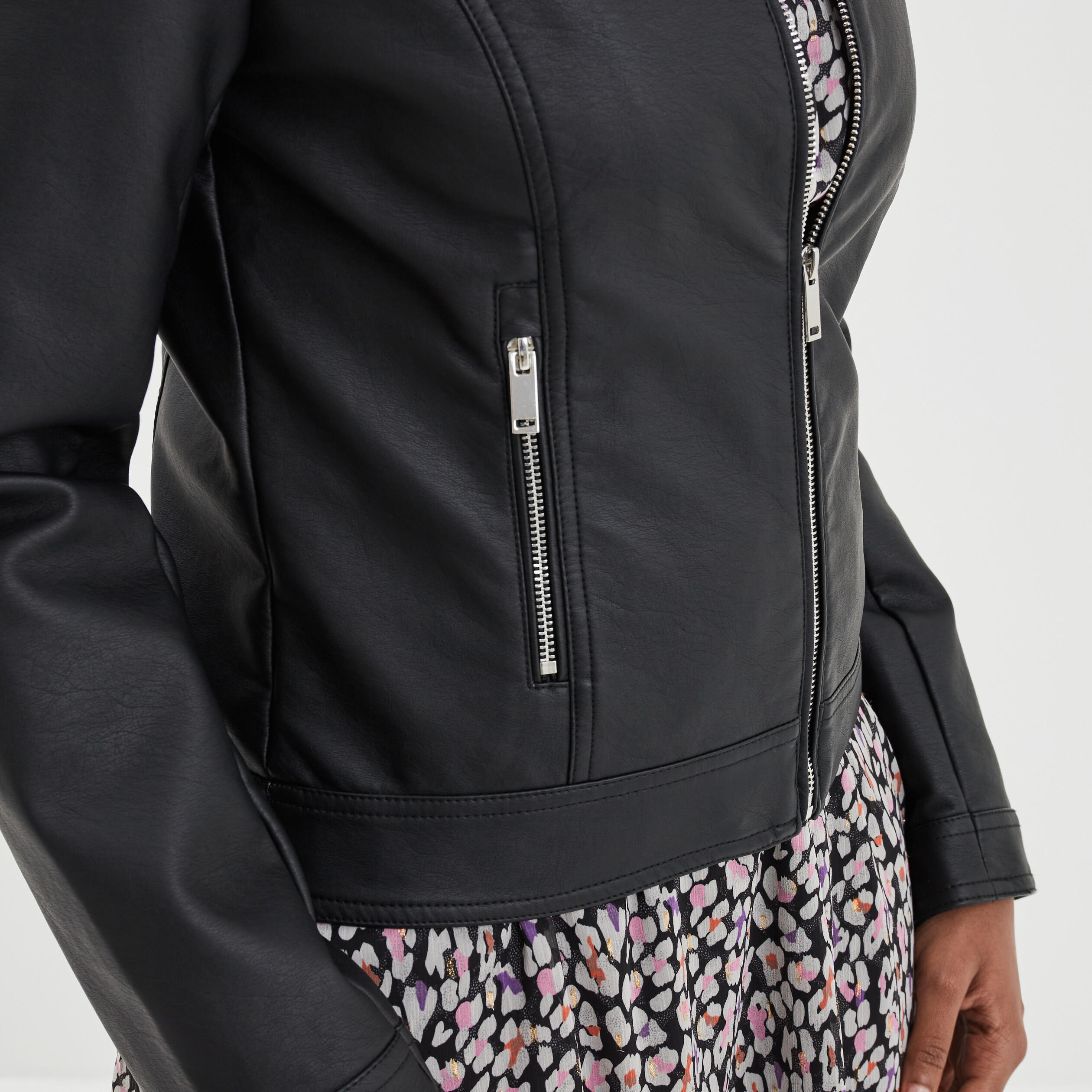 Veste biker simili cuir zippée noir femme | La Halle