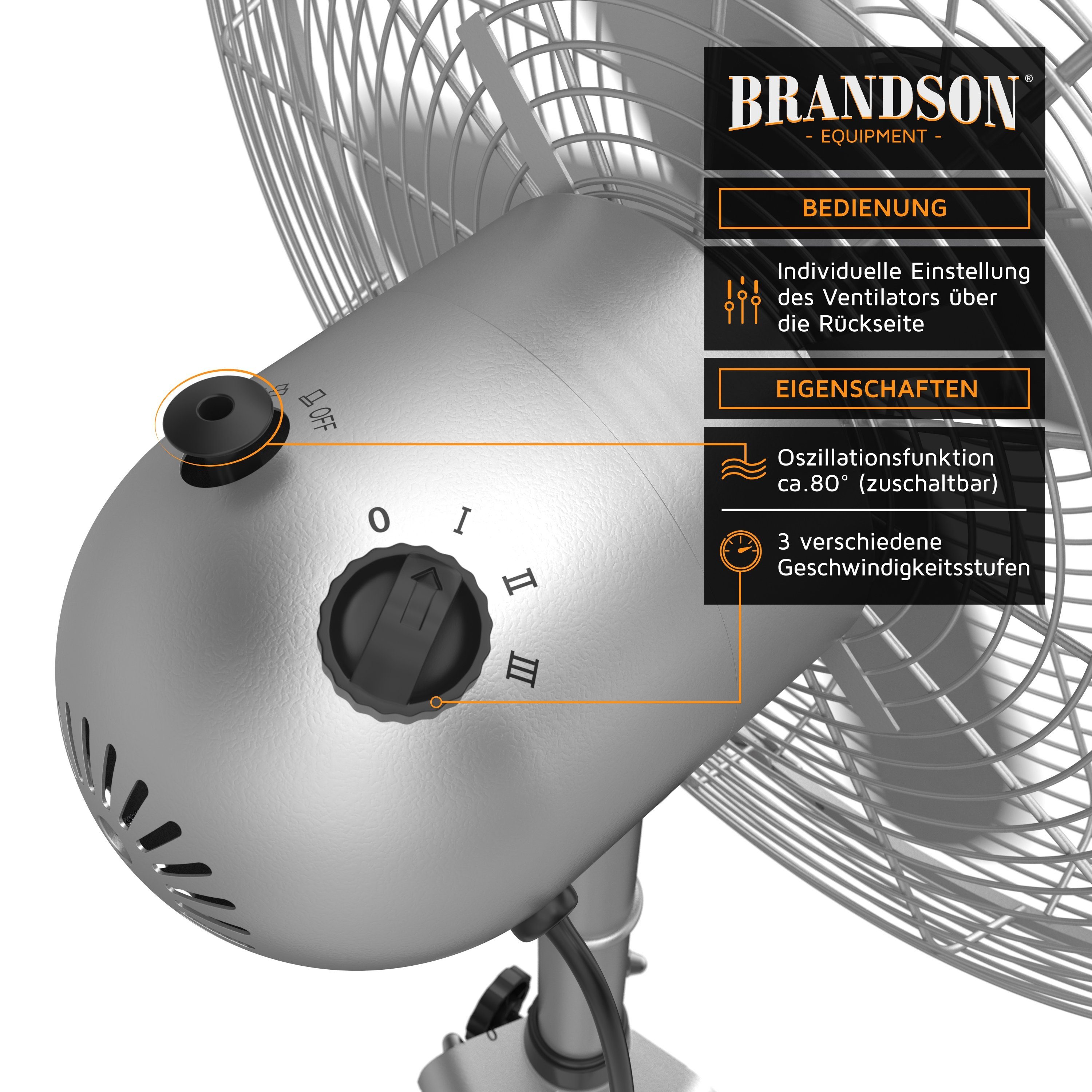 Brandson Standventilator, 49 cm Durchmesser, 60W Lüfter, Dreibeinstativ, Metallgehäuse, Tripod Ventilator, Silber