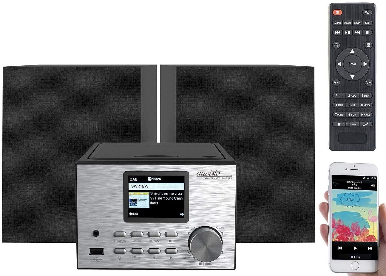 auvisio IRS-500.mini Micro-Stereoanlage mit Webradio, DAB+, FM, CD, USB, Stereoanlage (Digitalradio (DAB), FM, 30 W, Bluetooth 2.1 System mit FM/DAB+, CD-Player)