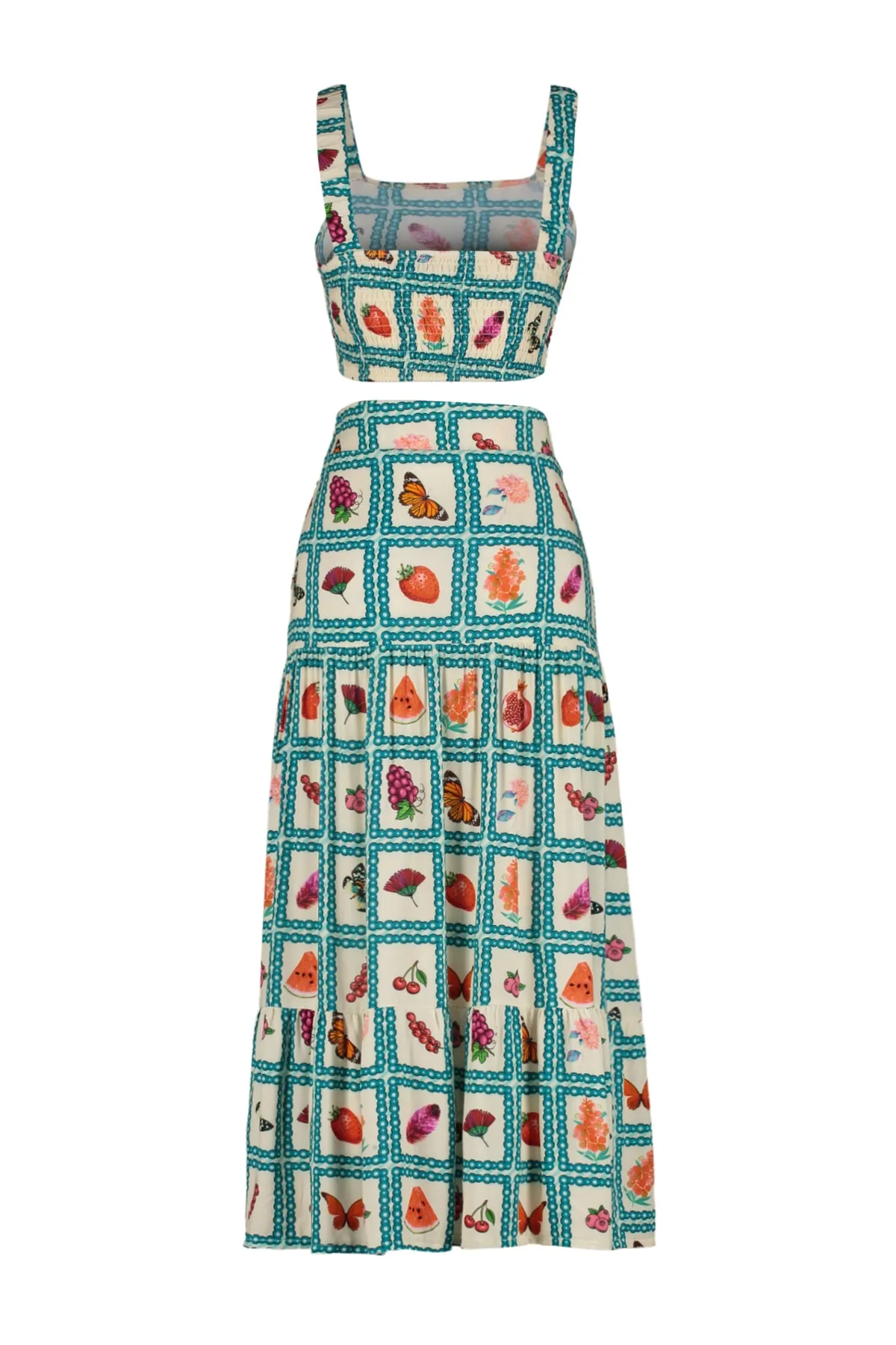 Trendyol Collection  Gewebtes Blusen-Rock-Set mit Fruchtmuster und Schlitz TBESS23AU00177