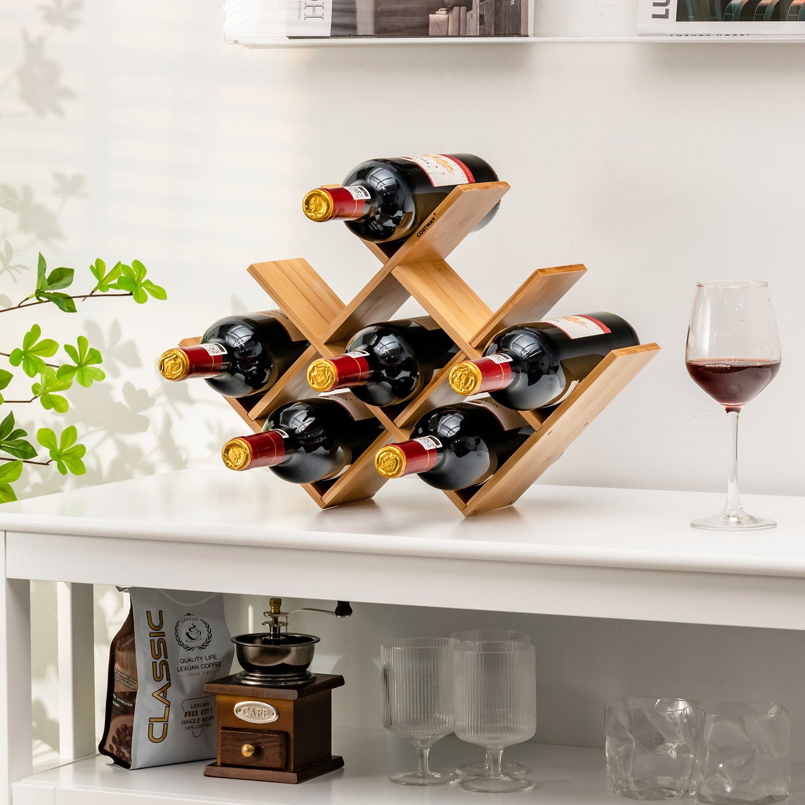 COSTWAY Weinregal Flaschenregal Weinständer, 8 Flaschen aus Bambus