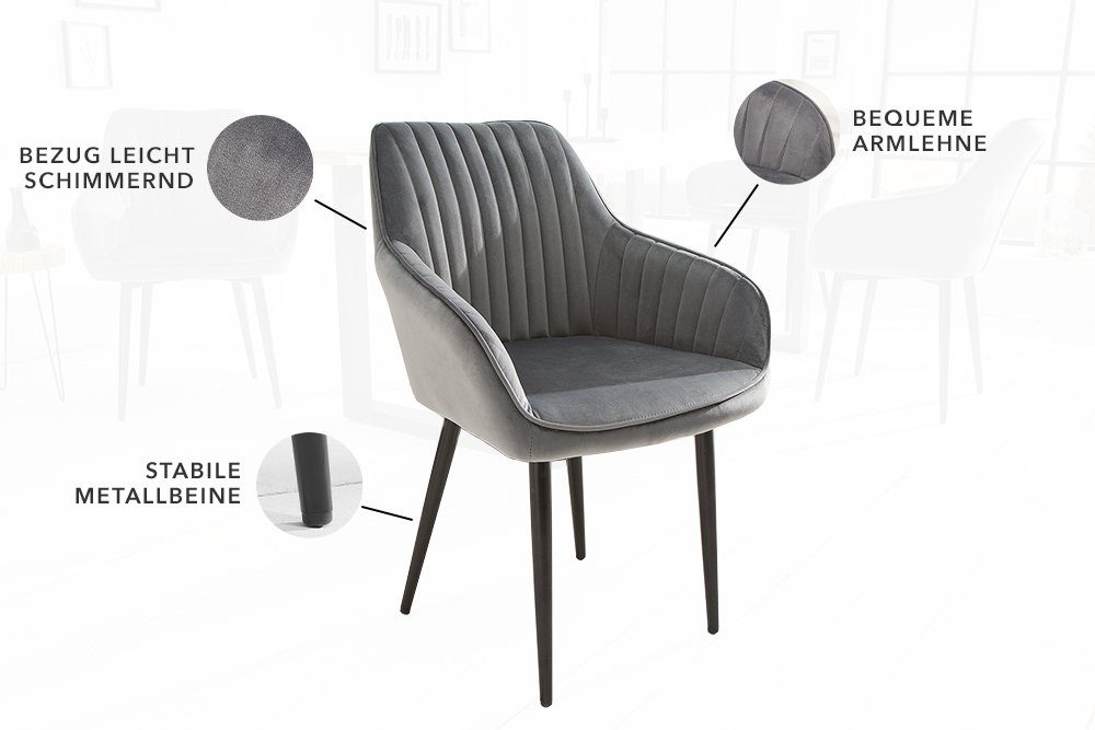 riess-ambiente Polsterstuhl TURIN silbergrau / schwarz (Einzelartikel, 1 St), Esszimmer · Samt · Metall · mit Armlehne · Retro Design