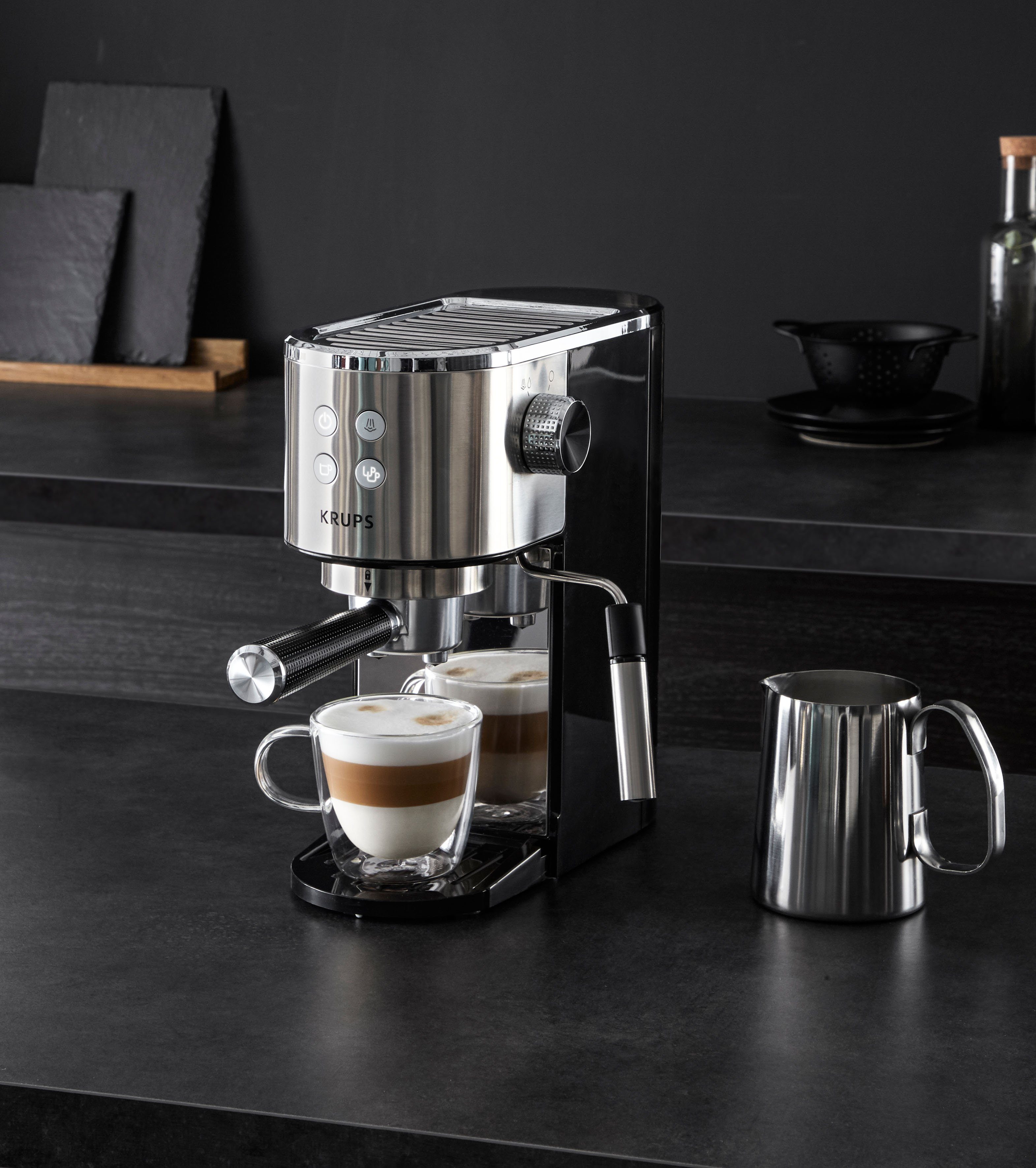 Krups Siebträgermaschine XP442C Virtuoso, integrierter Tassenwärmer, automatische Abschaltung, 2-Tassen Funktion